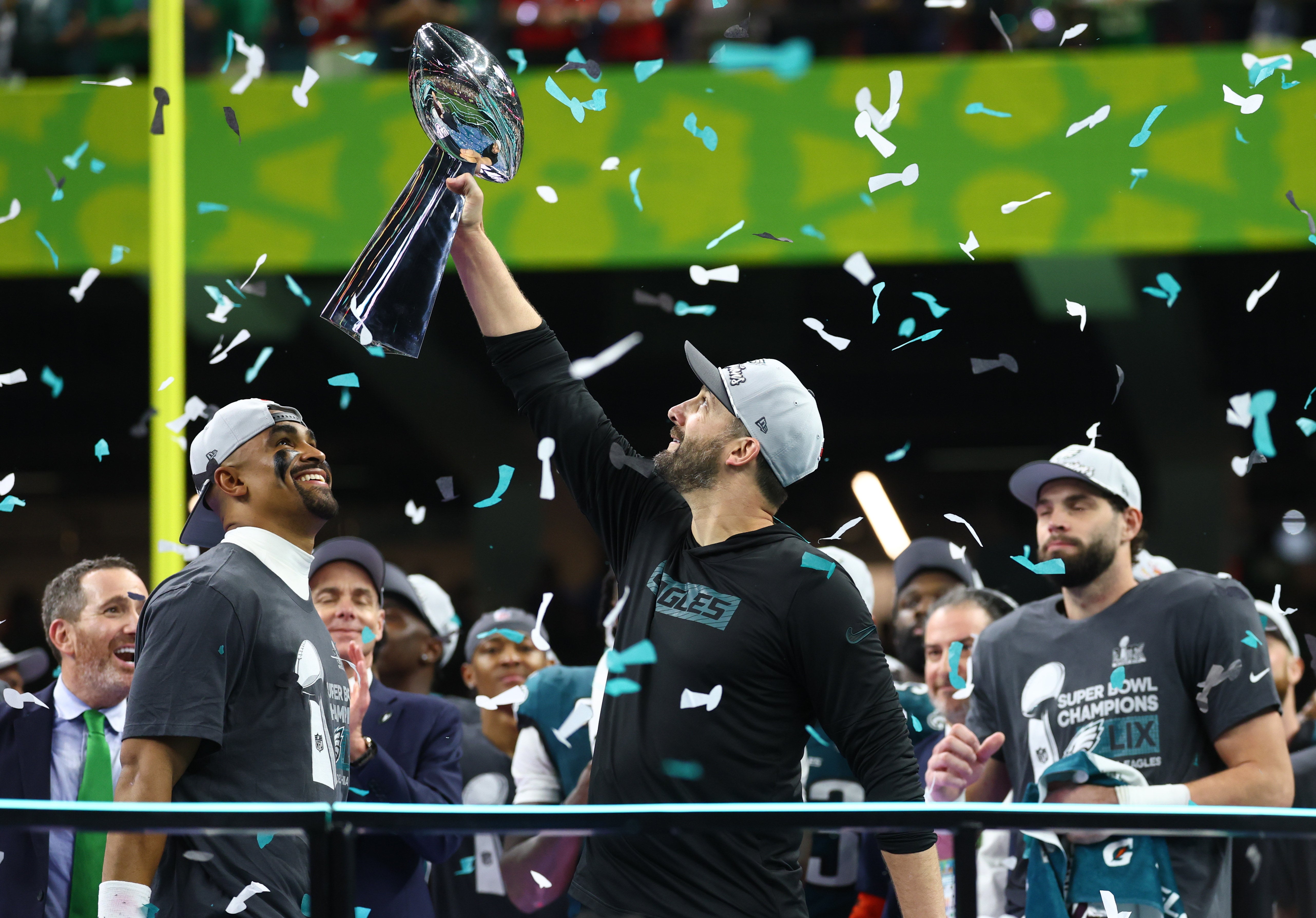 Philadelphia Eagles head coach Nick Sirianni hoists the Vince Lombardi Trophy after defeating the Kansas City Chiefs in Super Bowl LIX at Ceasars Superdome.
