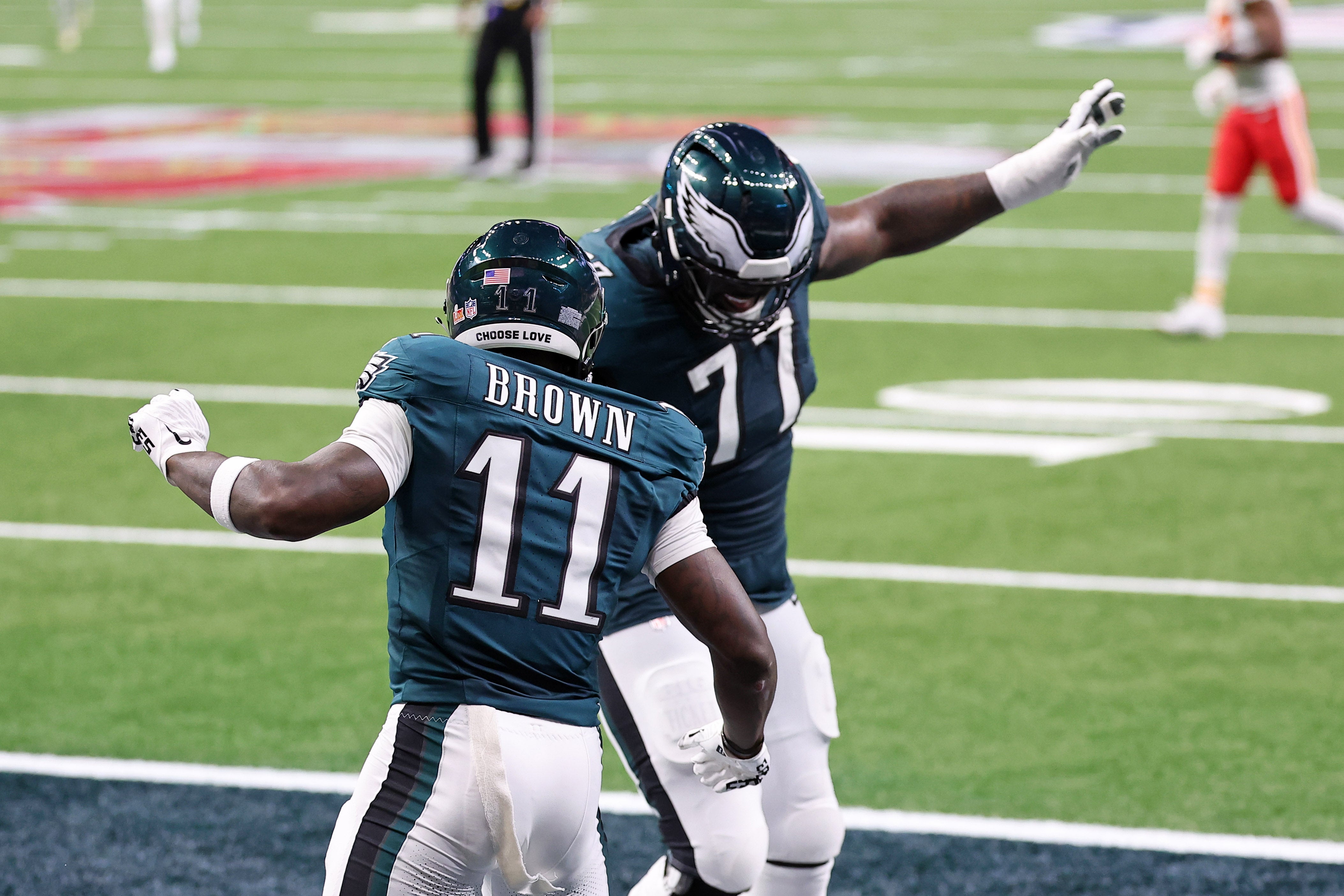 A.J. Brown celebrates scoring a touchdown in Super Bowl LIX