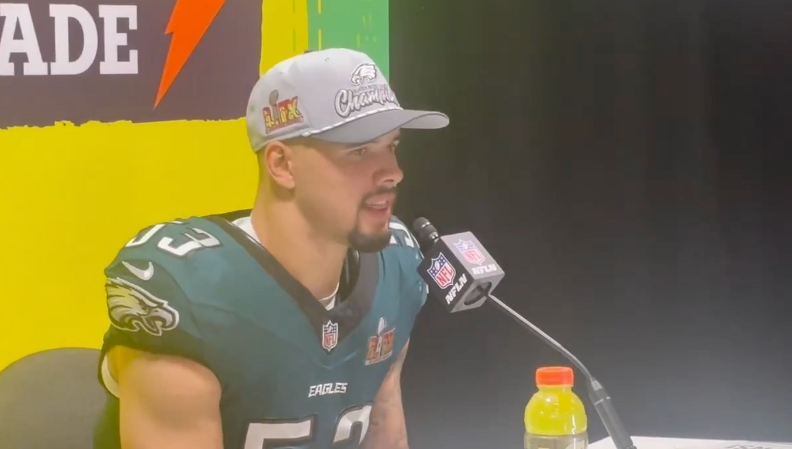 Philadelphia Eagles linebacker Zack Baun speaks to media following Super Bowl LIX.