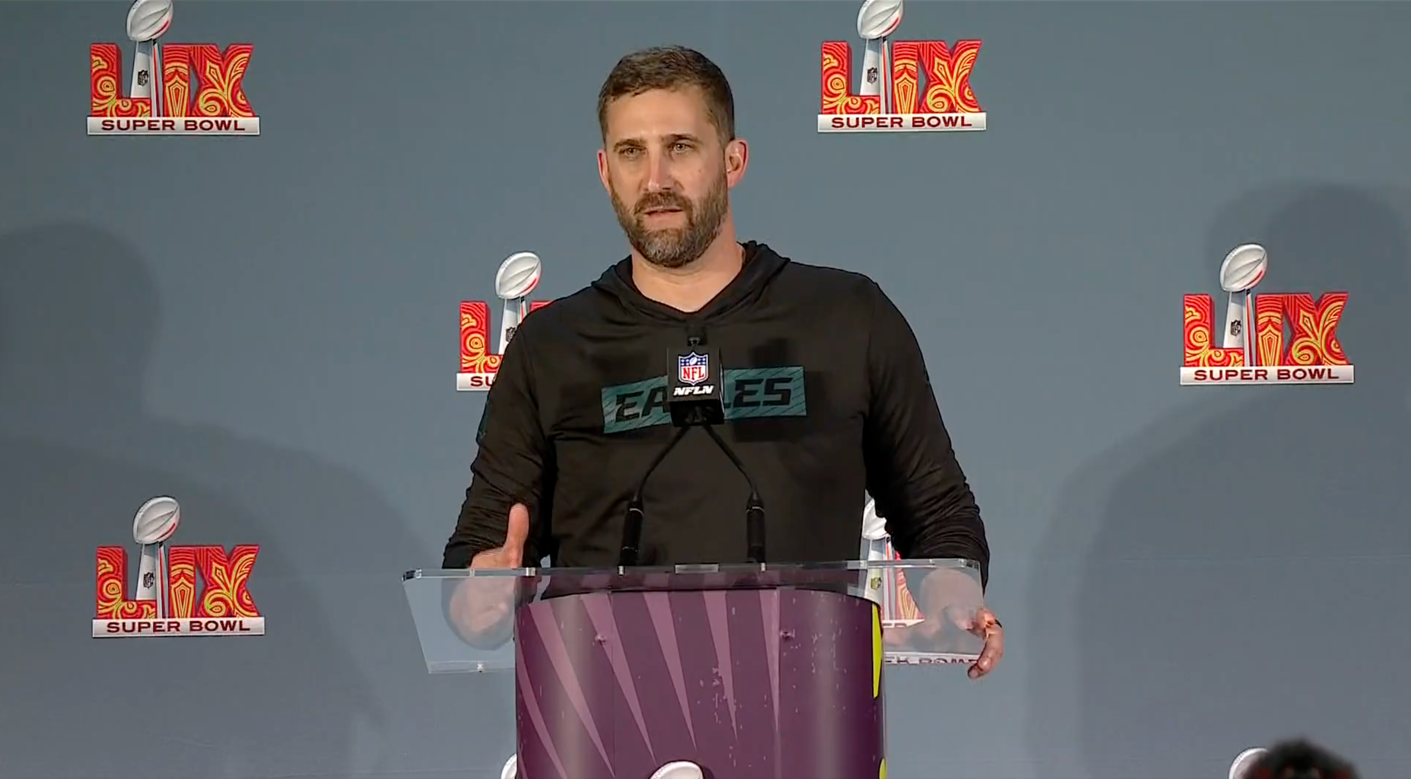 Nick Sirianni speaks with reporters after the Eagles dominated the Chiefs in Super Bowl LIX
