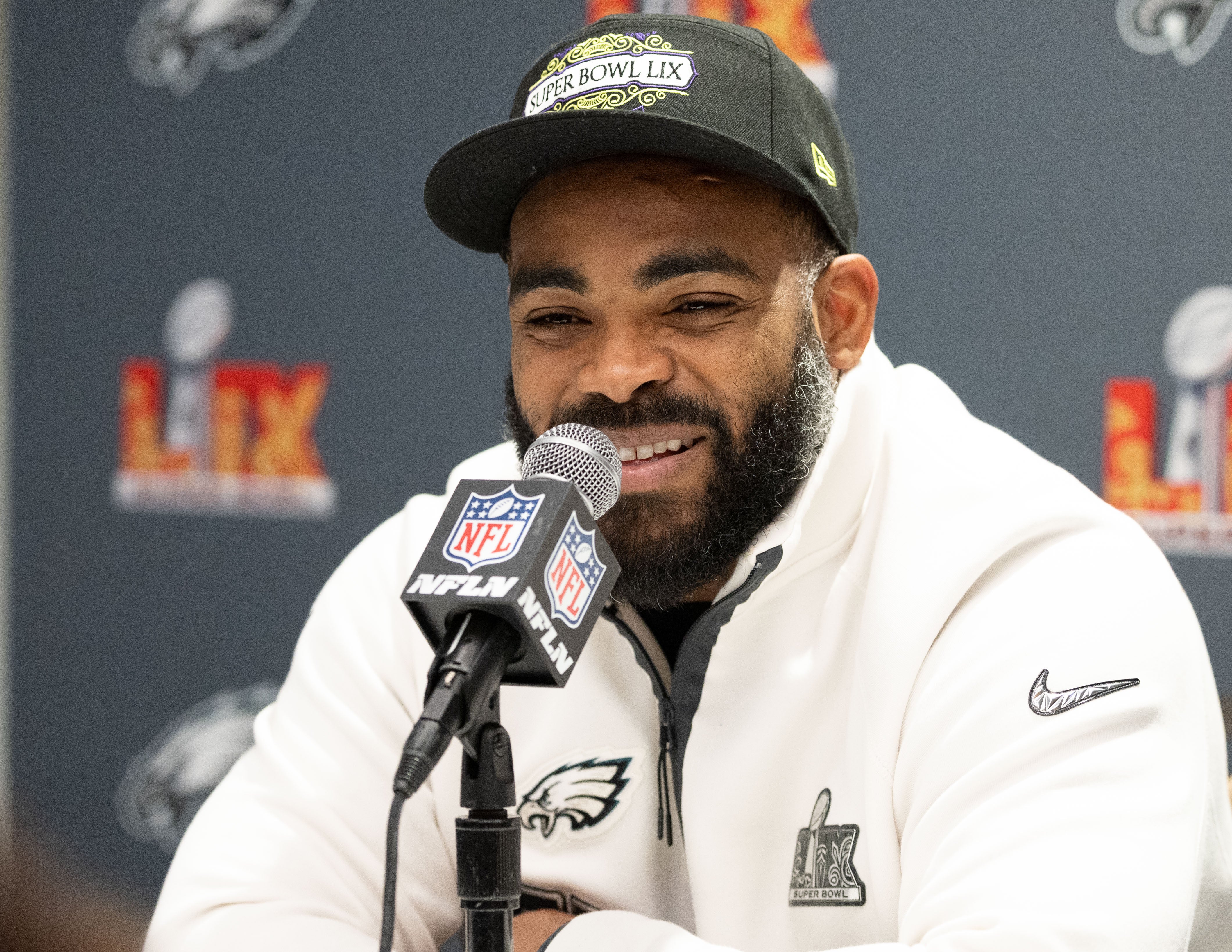 Philadelphia Eagles defensive end Brandon Graham speaks with the media during a press conference at Hilton New Orleans Riverside.