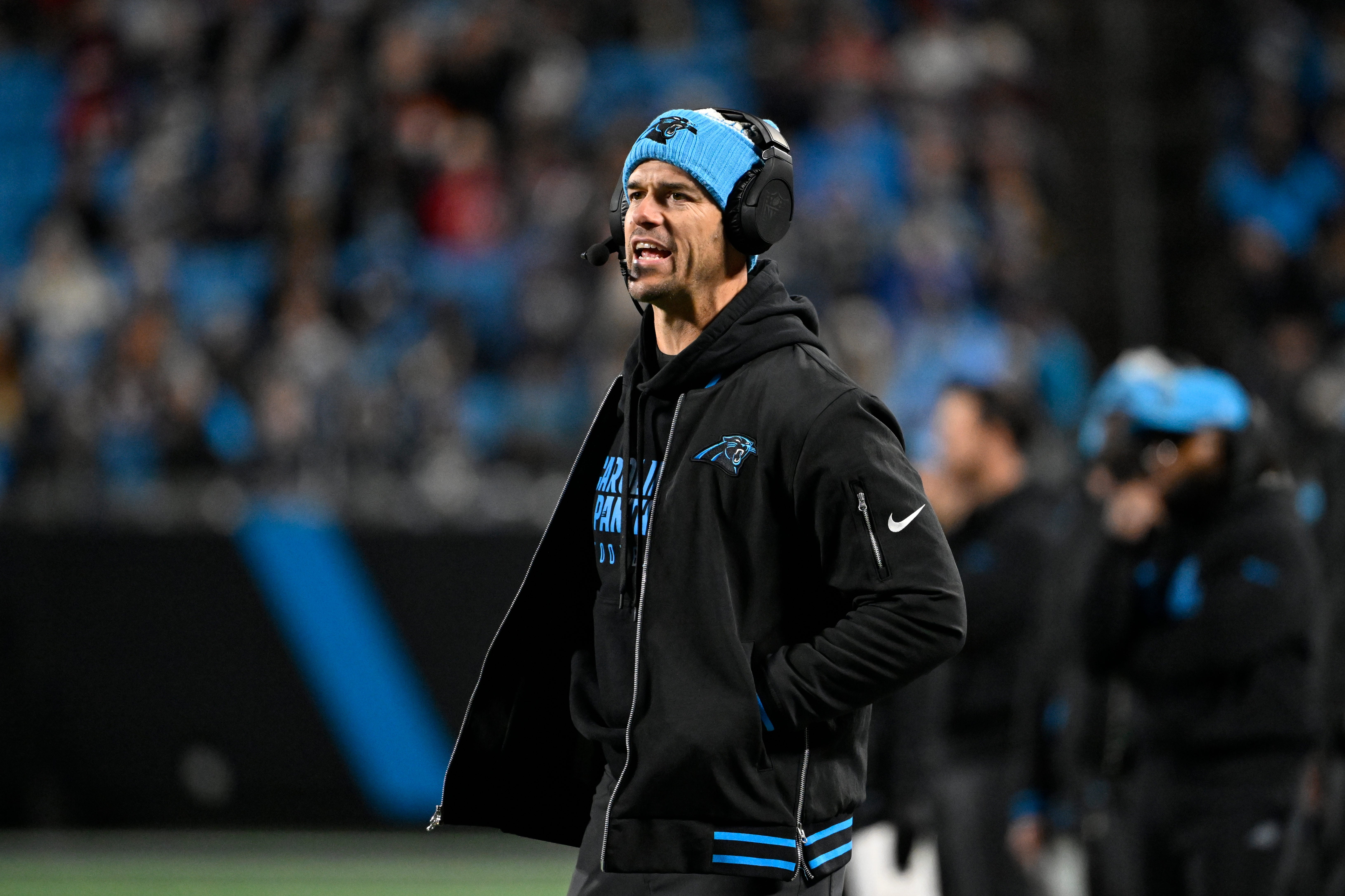 Dec 1, 2024; Charlotte, North Carolina, USA; Carolina Panthers head coach Dave Canales reacts in the fourth quarter at Bank of America Stadium.