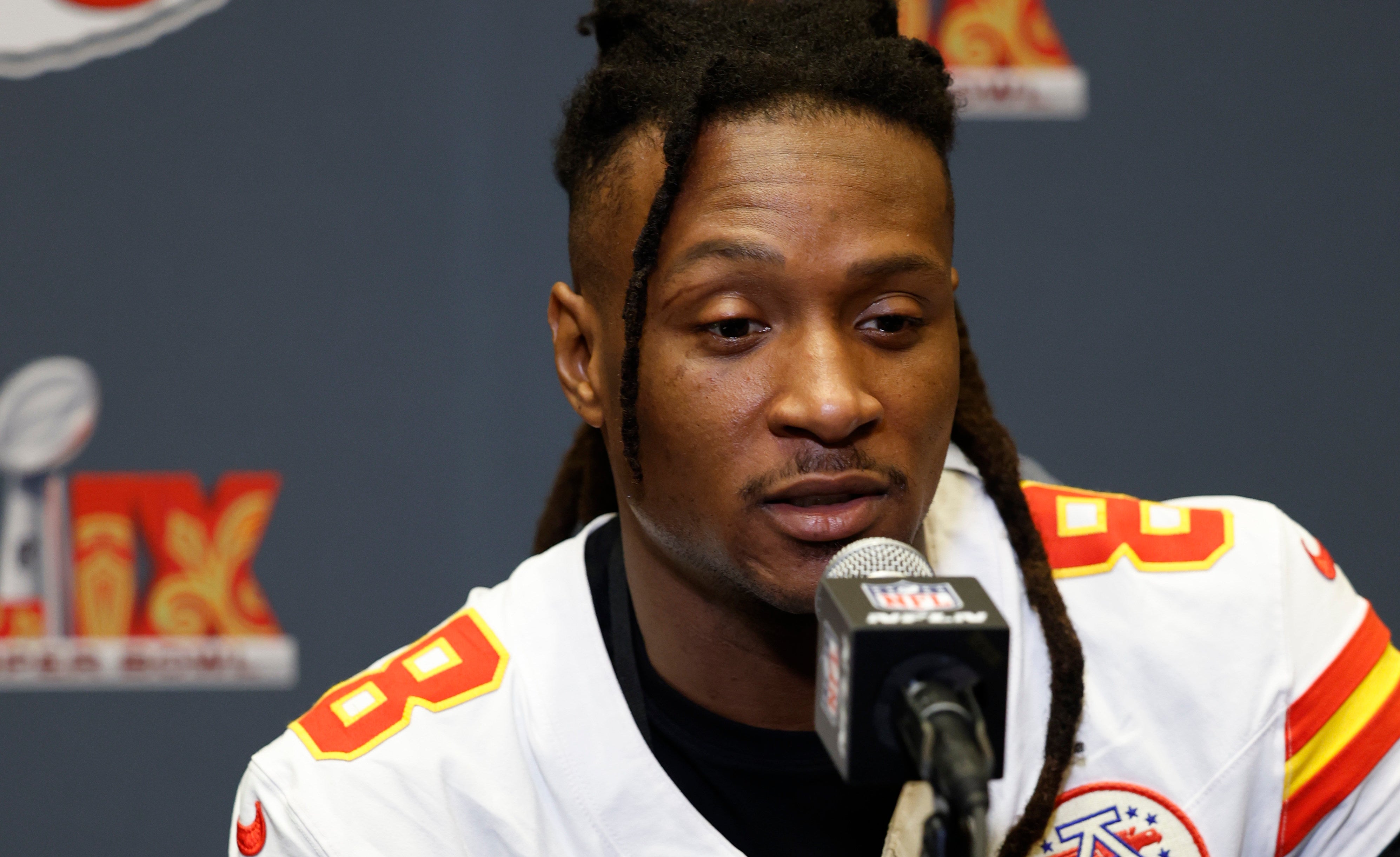 Kansas City Chiefs wide receiver DeAndre Hopkins (8) during a press conference in advance of Super Bowl LIX at New Orleans Marriott. Stephen Lew-Imagn Images