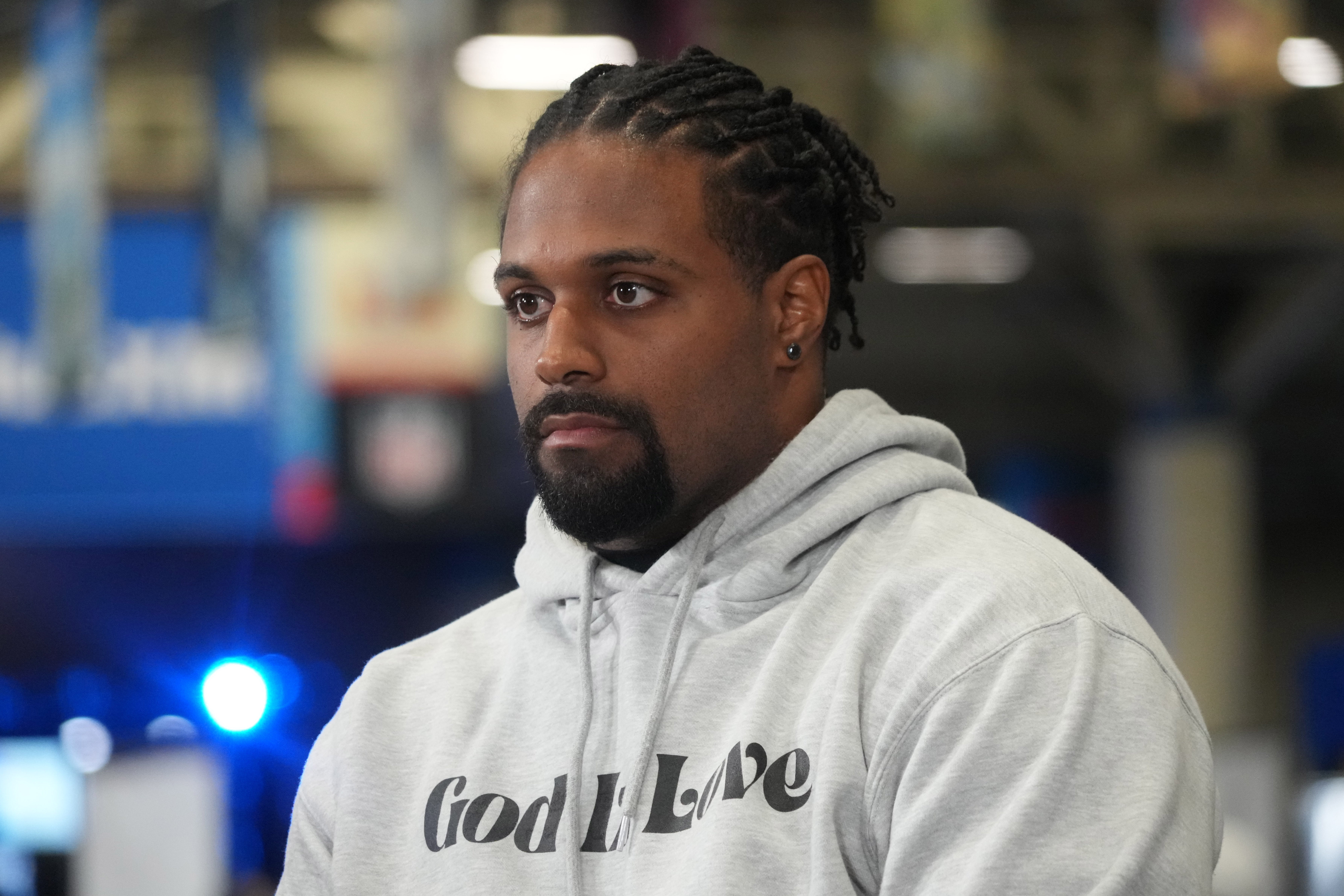 Feb 7, 2025; New Orleans, LA, USA; Cameron Jordan on the NFL Network set on Radio Row at the Super Bowl LIX media center.