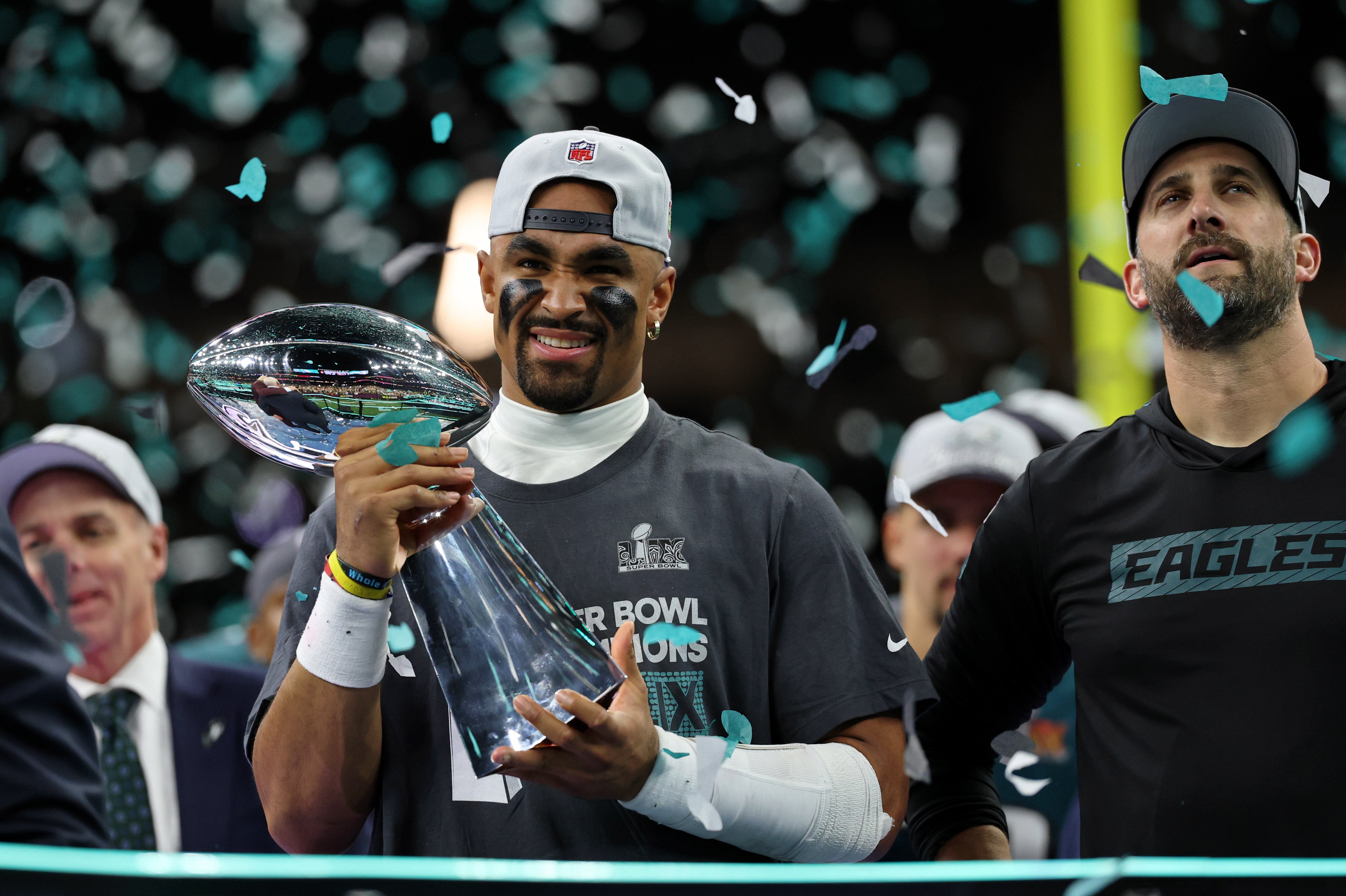 Feb 9, 2025; New Orleans, LA, USA; Philadelphia Eagles quarterback Jalen Hurts (1) celebrates with head coach Nick Sirianni after winning against Kansas City Chiefs in Super Bowl LIX at Caesars Superdome.