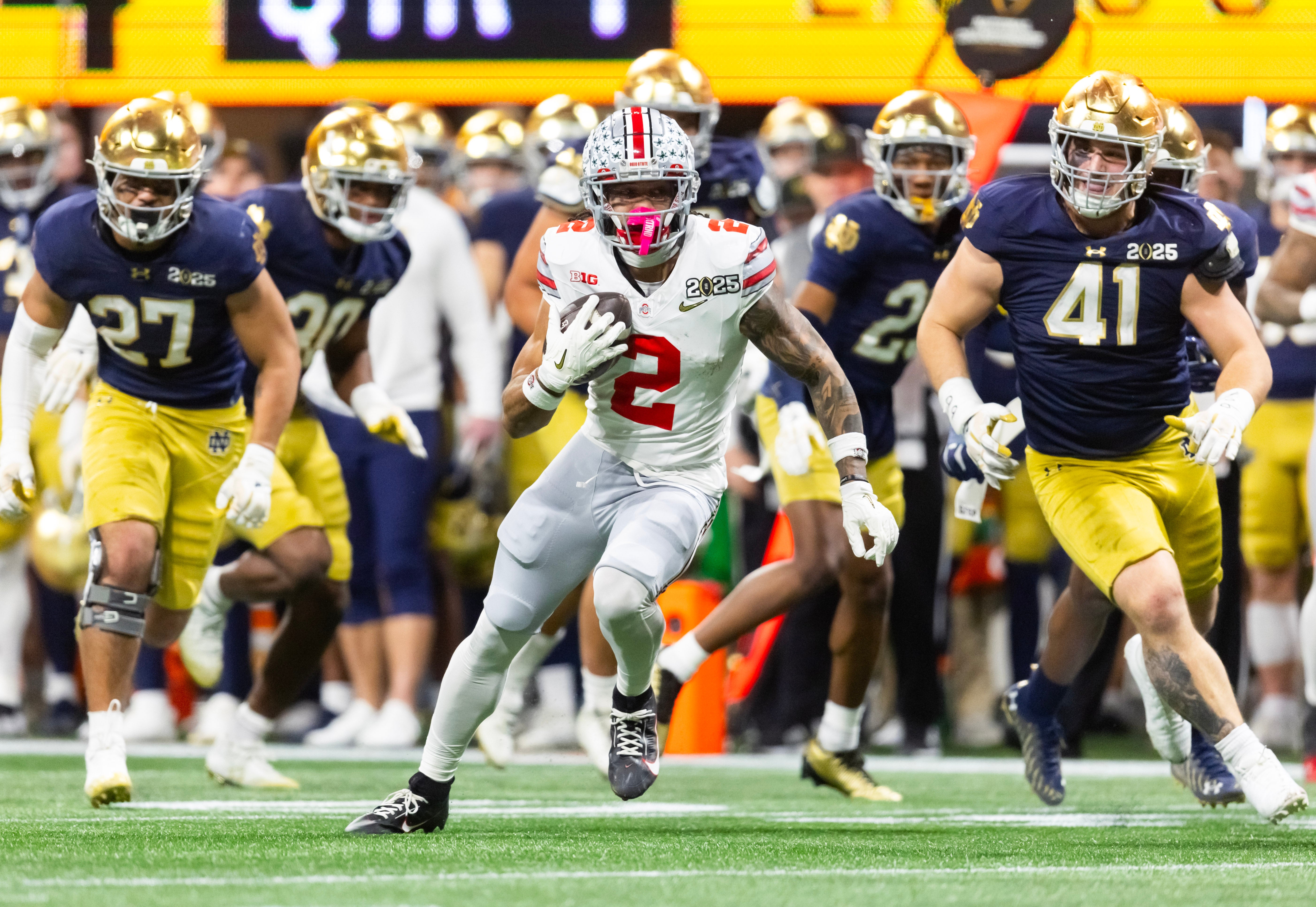 Jan 20, 2025; Atlanta, GA, USA; Ohio State Buckeyes wide receiver Emeka Egbuka (2) against the Notre Dame Fighting Irish during the CFP National Championship college football game at Mercedes-Benz Stadium.