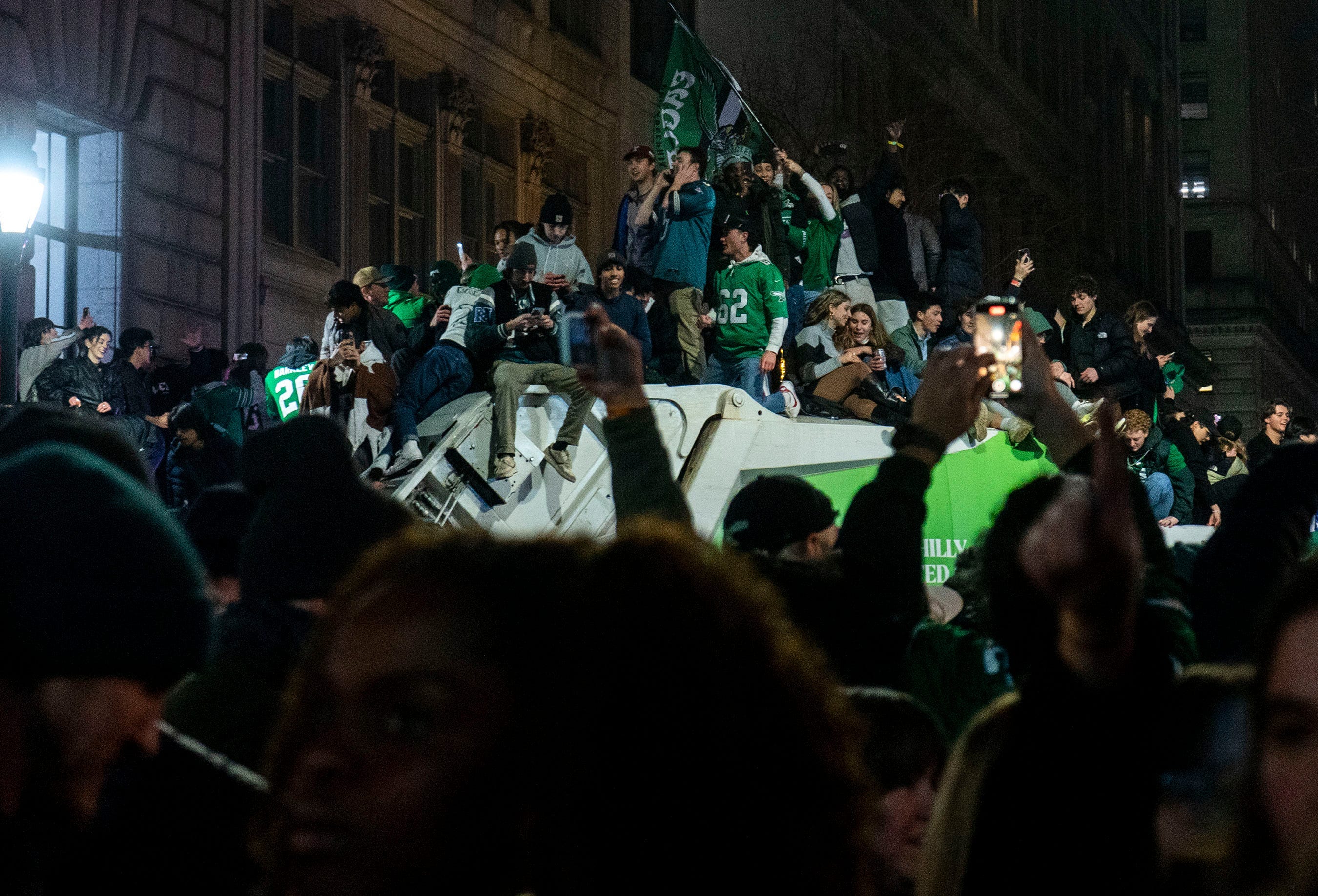 Joshua and Quintin Jones (right), from Philadelphia, pose outside of City Hall as they join other Philadelphia Eagles fans in celebrating the Eagles' win over the Kansas City Chiefs in Super Bowl 59, in Philadelphia, PA, on Sunday, Feb. 9, 2025.