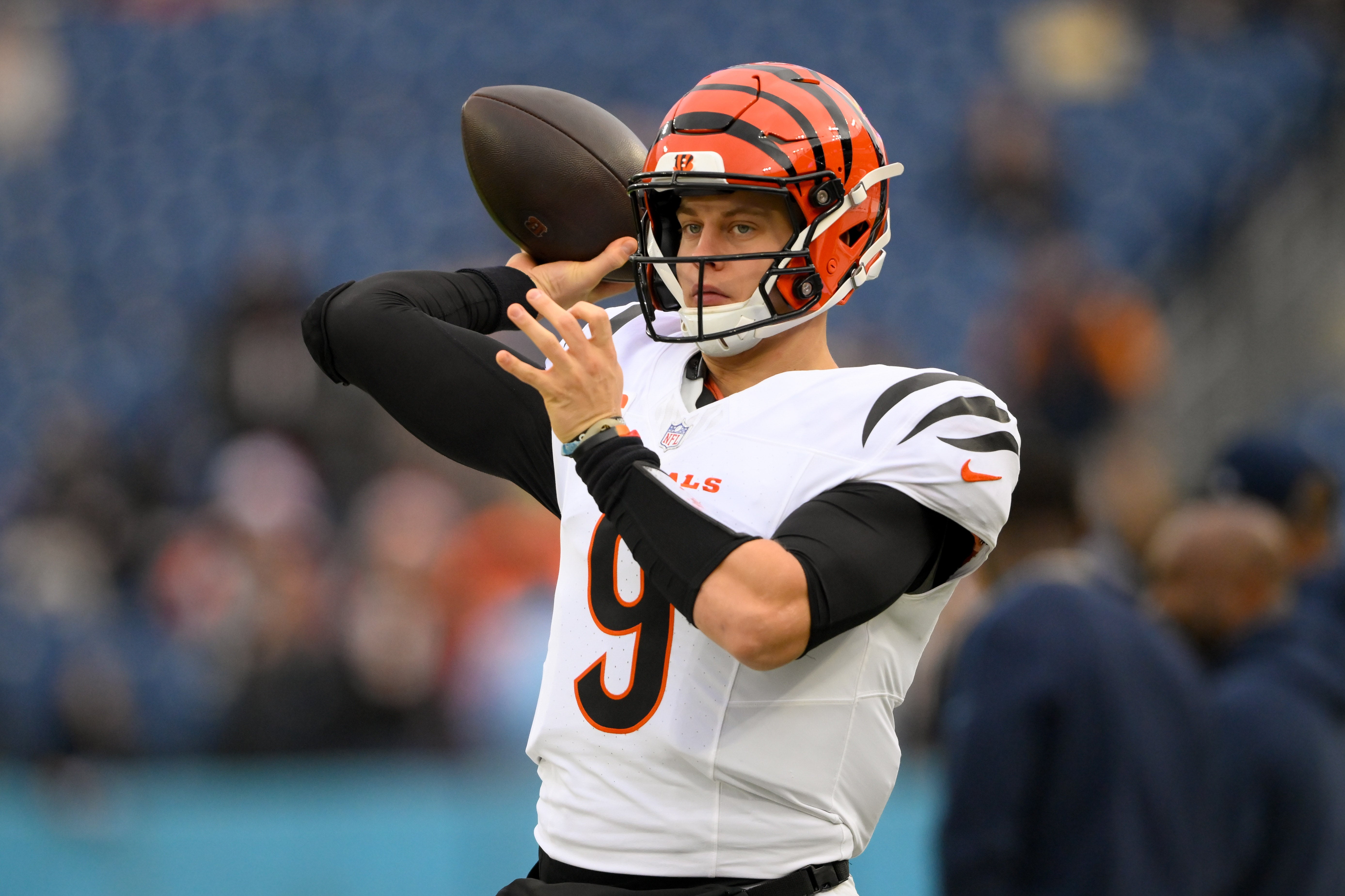 Dec 15, 2024; Nashville, Tennessee, USA; Cincinnati Bengals quarterback Joe Burrow (9) throws during warmups against the Tennessee Titans at Nissan Stadium.