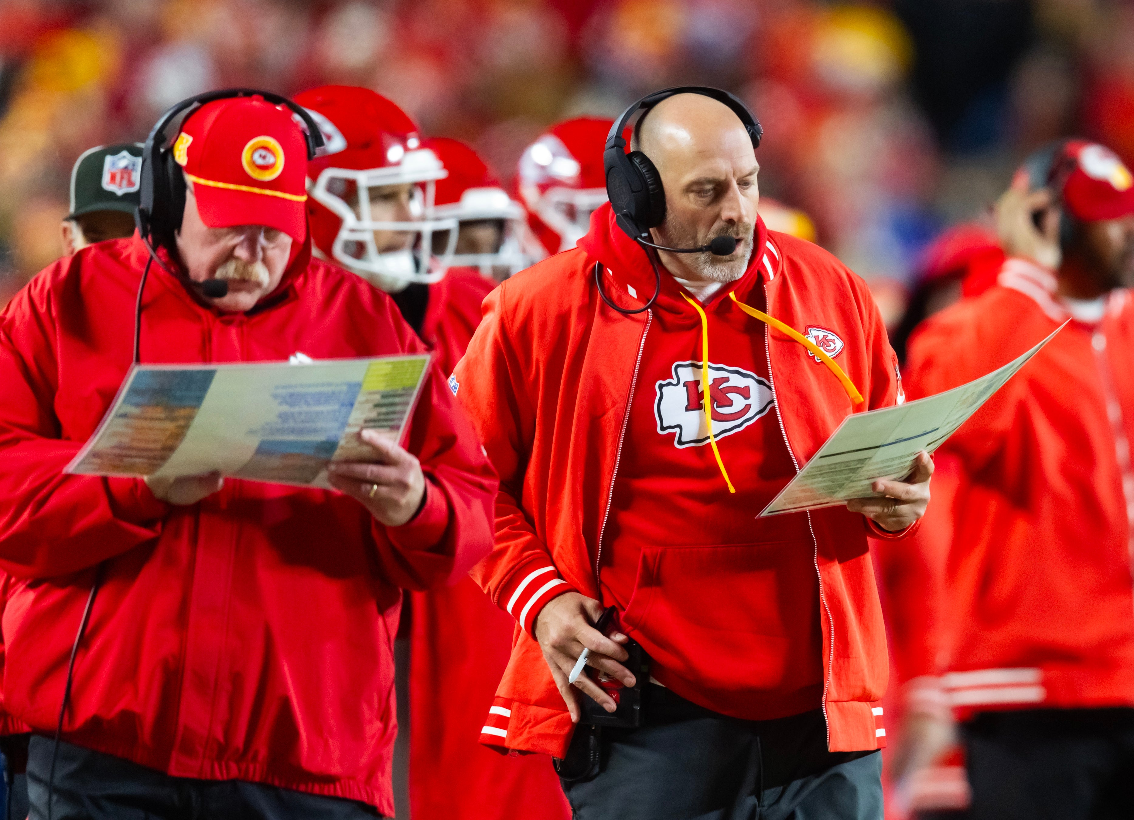 Chiefs offensive coordinator Matt Nagy (right) and head coach Andy Reid against the Buffalo Bills during the AFC Championship Game.