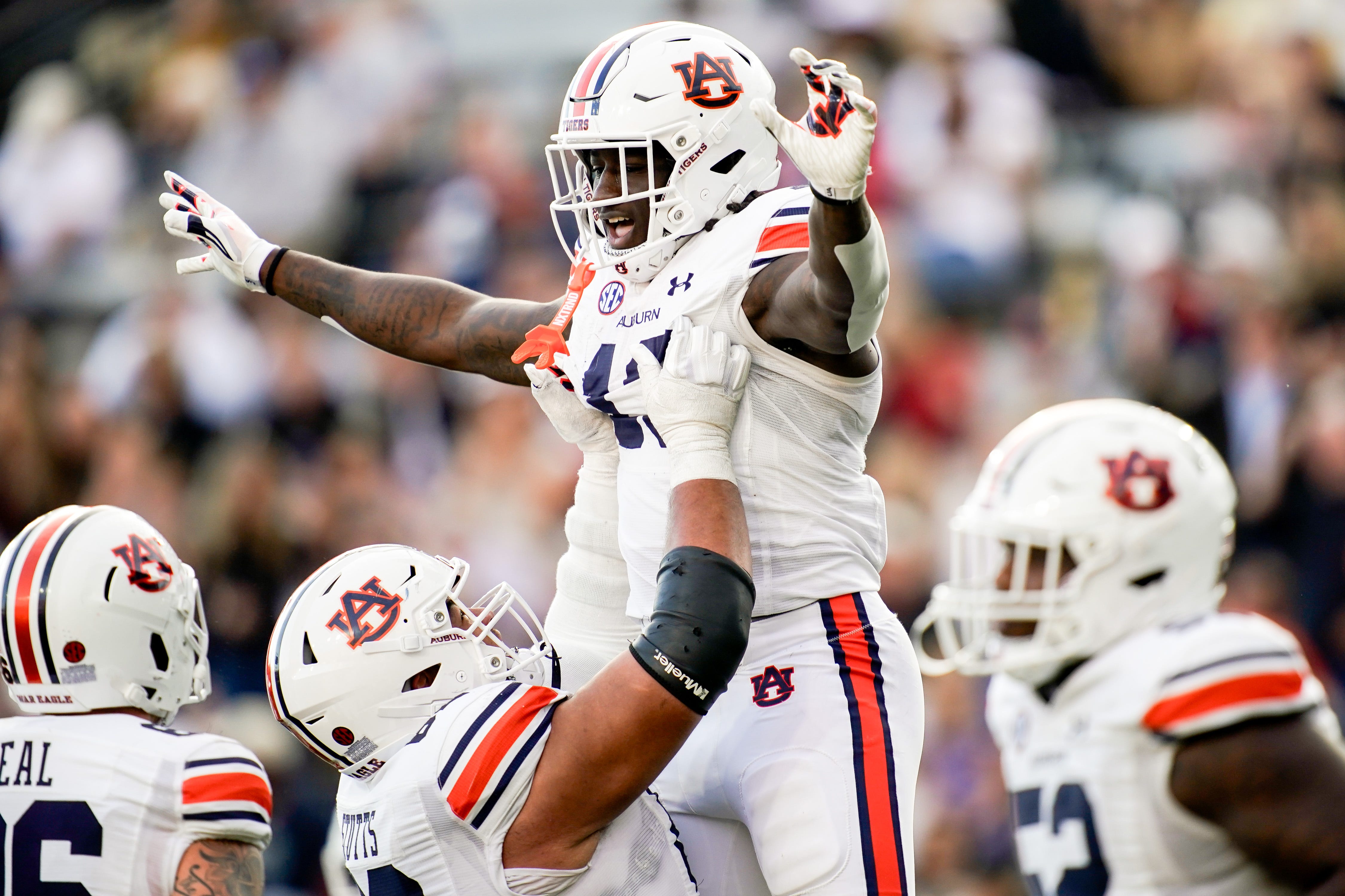 Auburn tight end Rivaldo Fairweather (13) celebrates his touchdown against Vanderbilt during the third quarter at FirstBank Stadium in Nashville, Tenn., Saturday, Nov. 4, 2023.