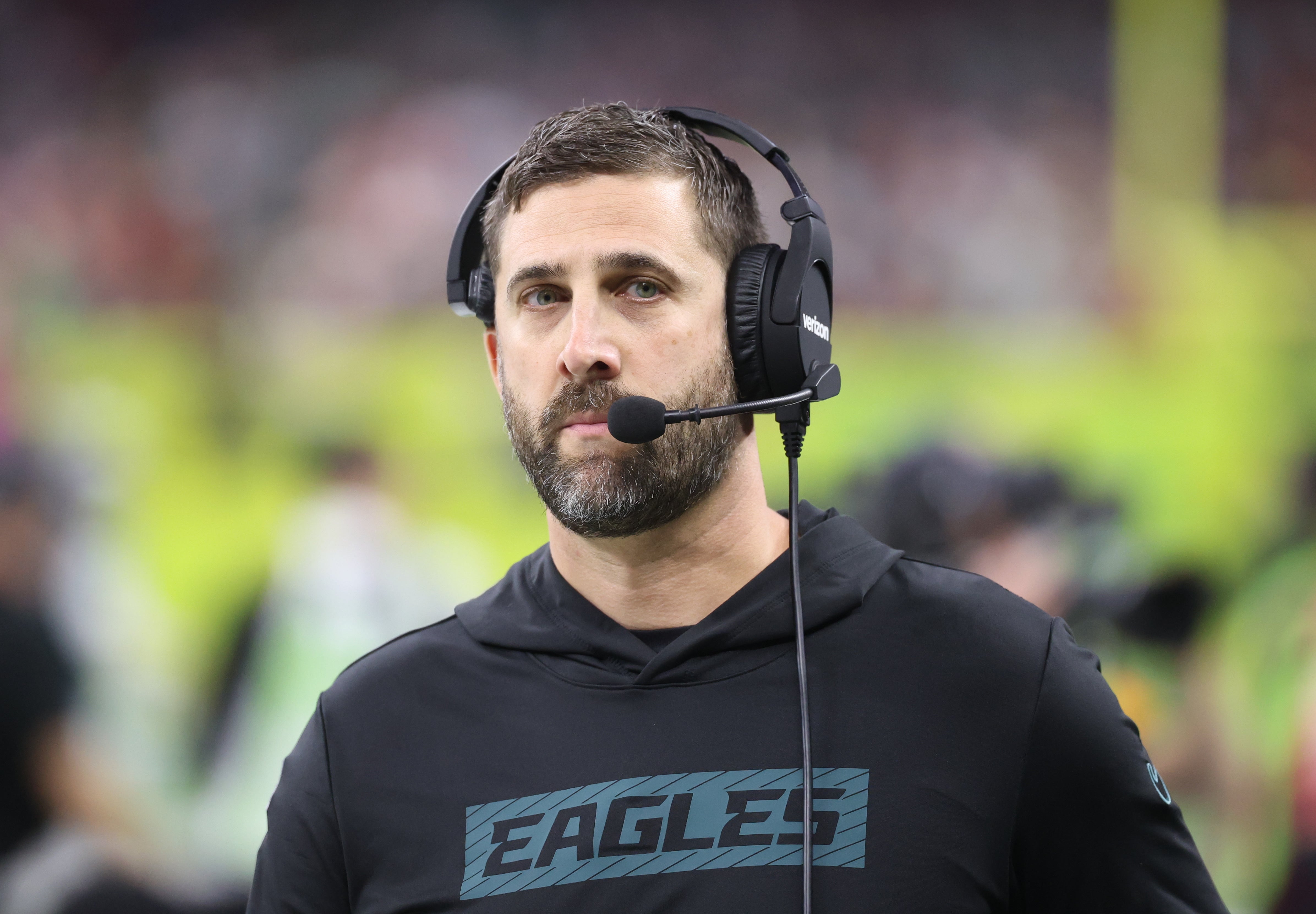 Philadelphia Eagles head coach Nick Sirianni reacts in Super Bowl LIX against the Kansas City Chiefs at Ceasars Superdome.