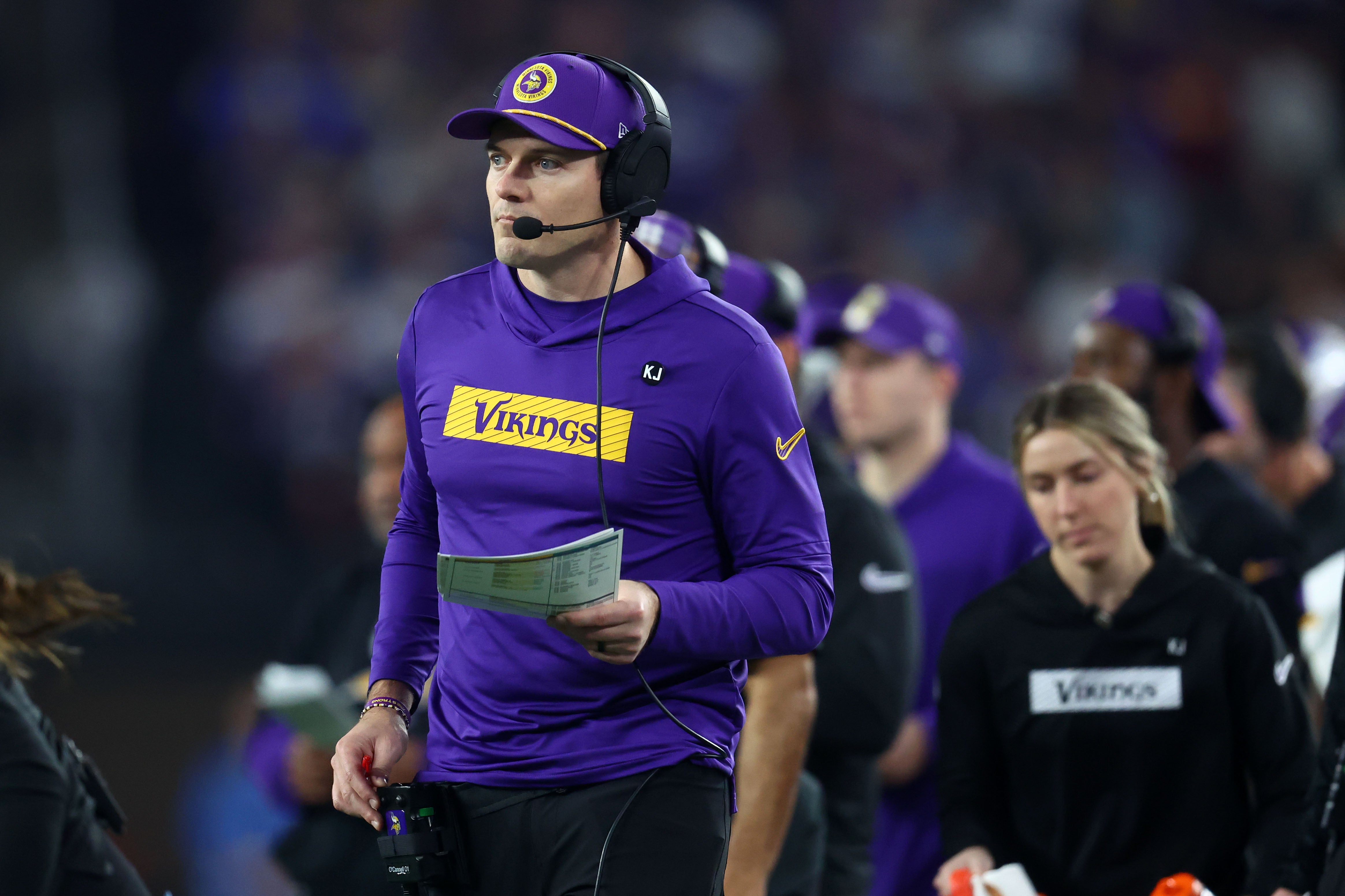 Jan 13, 2025; Glendale, AZ, USA; Minnesota Vikings head coach Kevin O'Connell during the second half against the Los Angeles Rams in an NFC wild card game at State Farm Stadium.