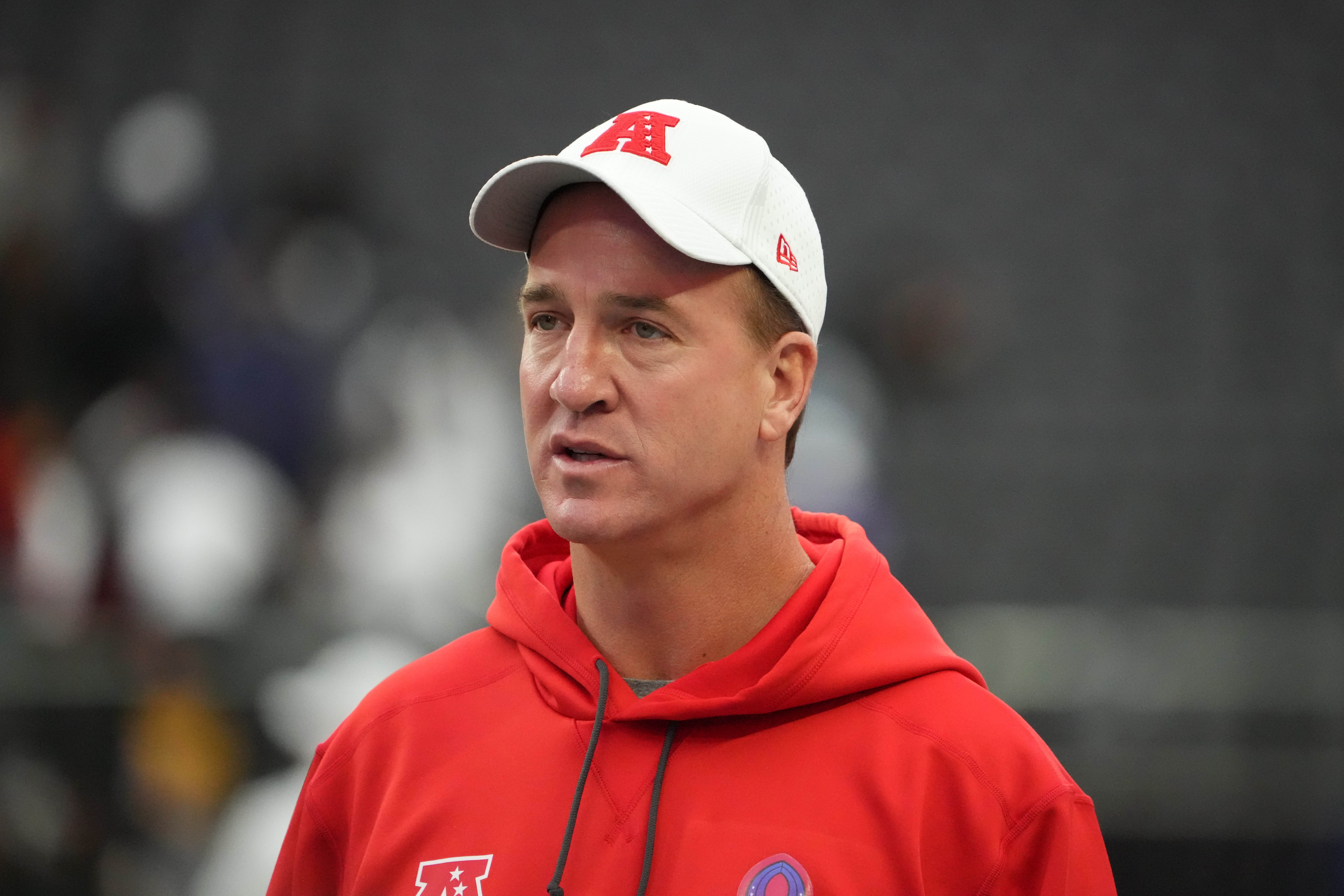 Feb 4, 2023; Paradise, NV, USA; AFC coach Peyton Manning reacts during Pro Bowl Games practice at Allegiant Stadium. Mandatory Credit: Kirby Lee-Imagn Images