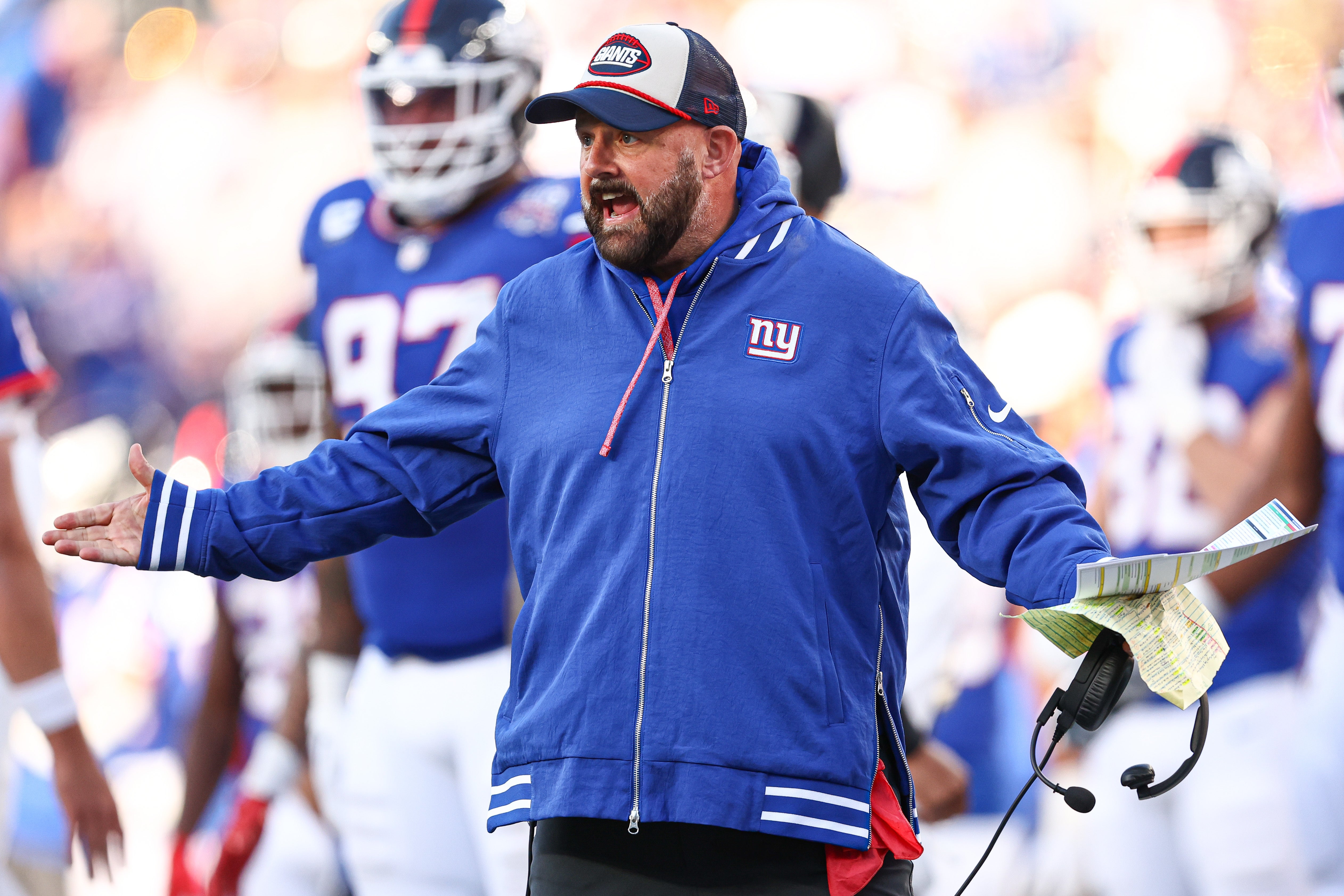 Nov 3, 2024; East Rutherford, New Jersey, USA; New York Giants head coach Brian Daboll reacts to an offensive pass interference call negating a Giants touchdown during the second half against the Washington Commanders at MetLife Stadium.