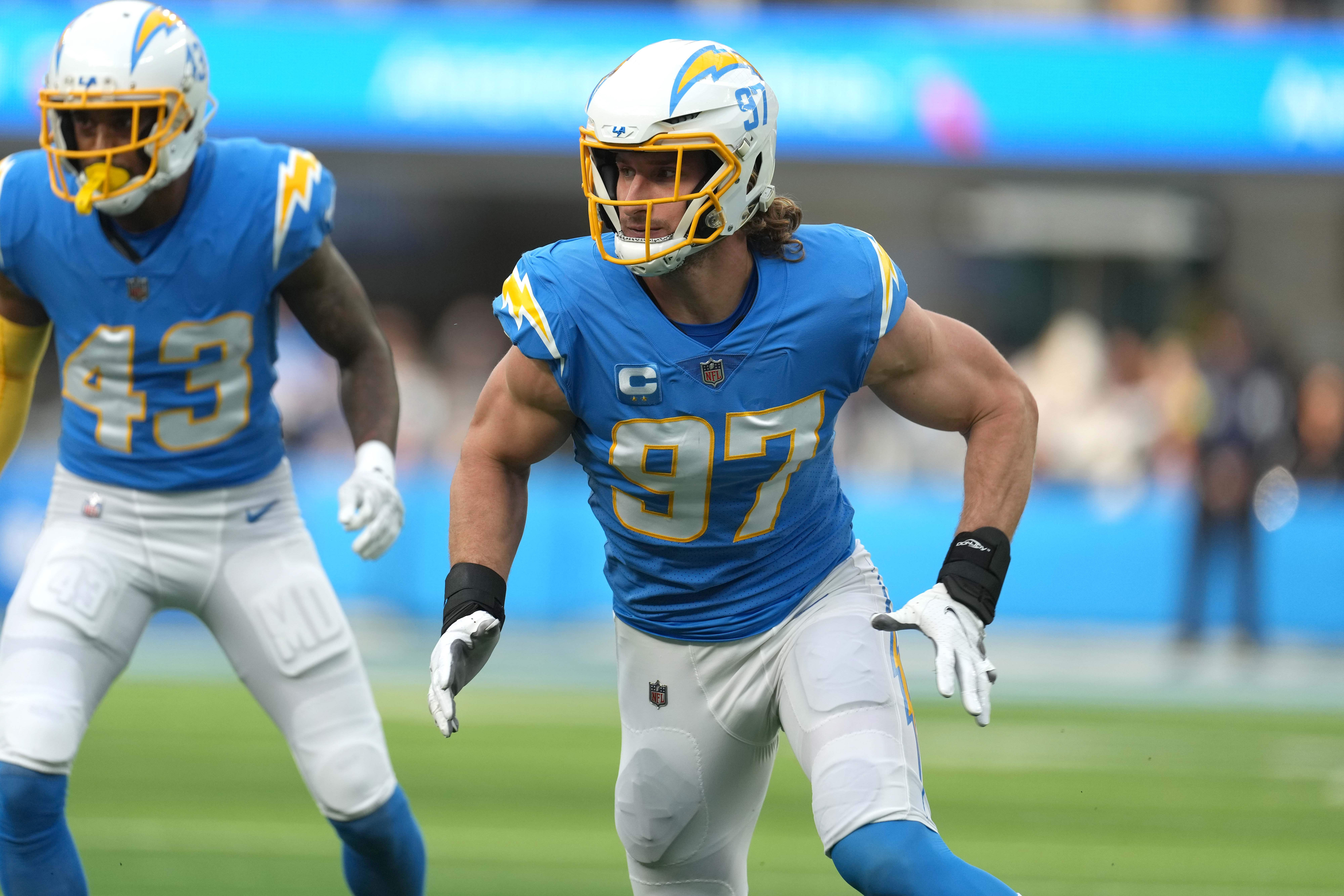 Jan 1, 2023; Inglewood, California, USA; Los Angeles Chargers linebacker Joey Bosa (97) against the Los Angeles Rams at SoFi Stadium.