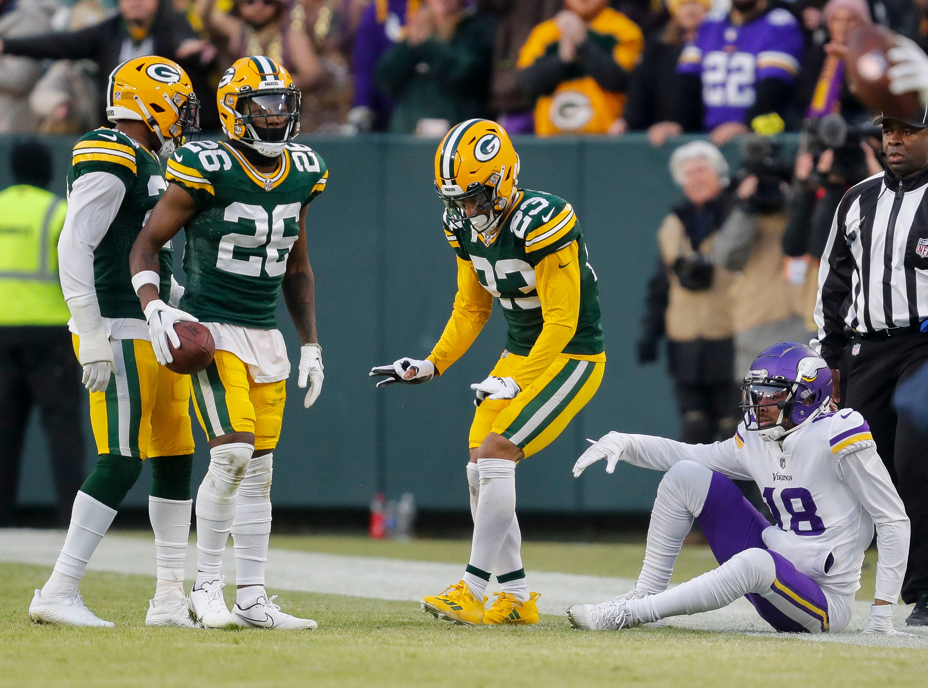 Green Bay Packers cornerback Jaire Alexander does The Griddy after breaking up a pass intended for Minnesota Vikings wide receiver Justin Jefferson (18) on Sunday, January 1, 2023, at Lambeau Field in Green Bay, Wis.