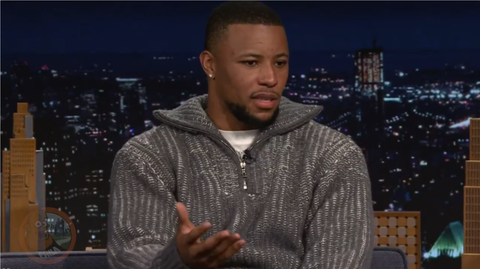 Saquon Barkley on Jimmy Fallon's The Tonight Show after Super Bowl LIX.