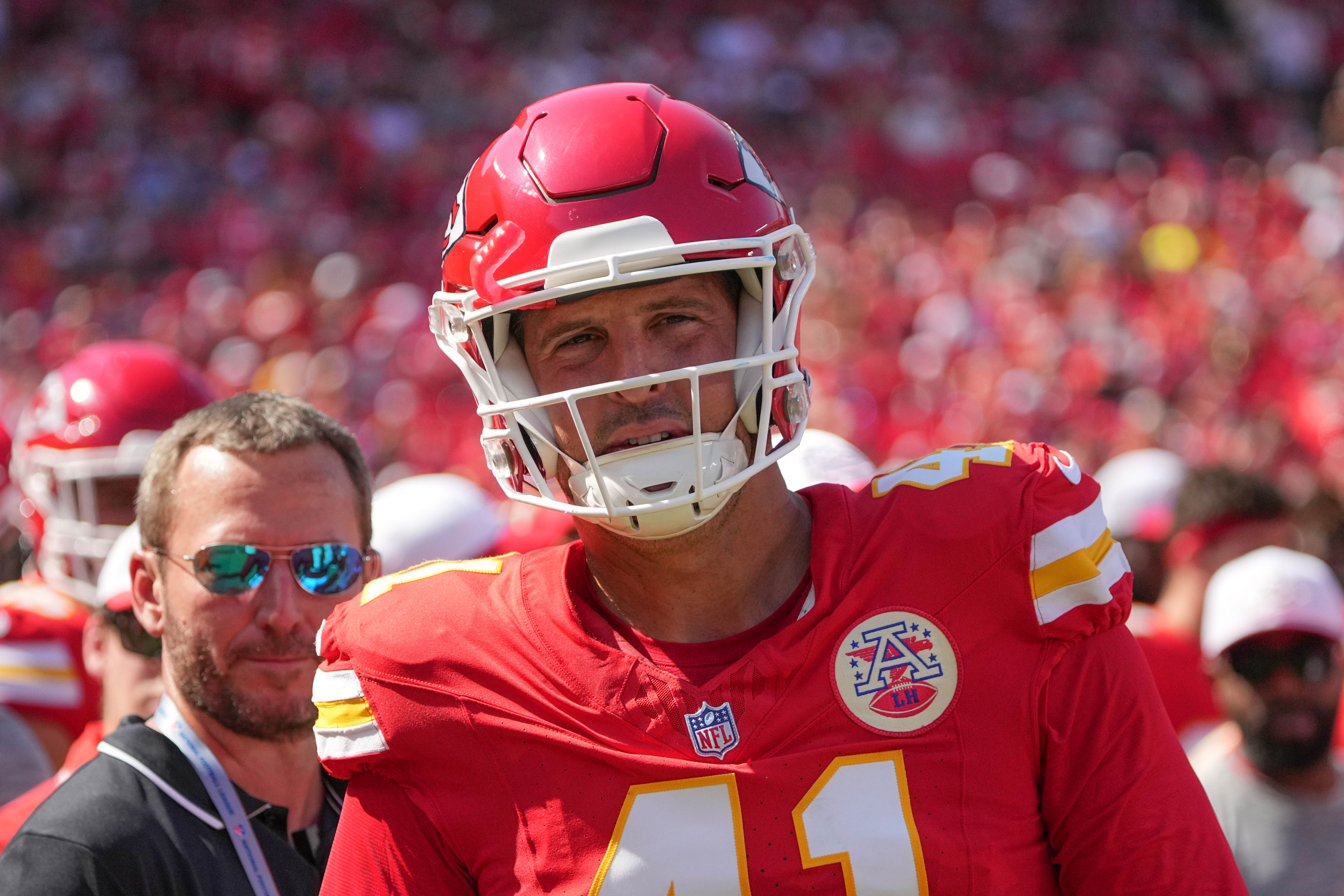 Aug 17, 2024; Kansas City, Missouri, USA; Kansas City Chiefs long snapper James Winchester (41) on the sidelines against the Detroit Lions during the game at GEHA Field at Arrowhead Stadium.