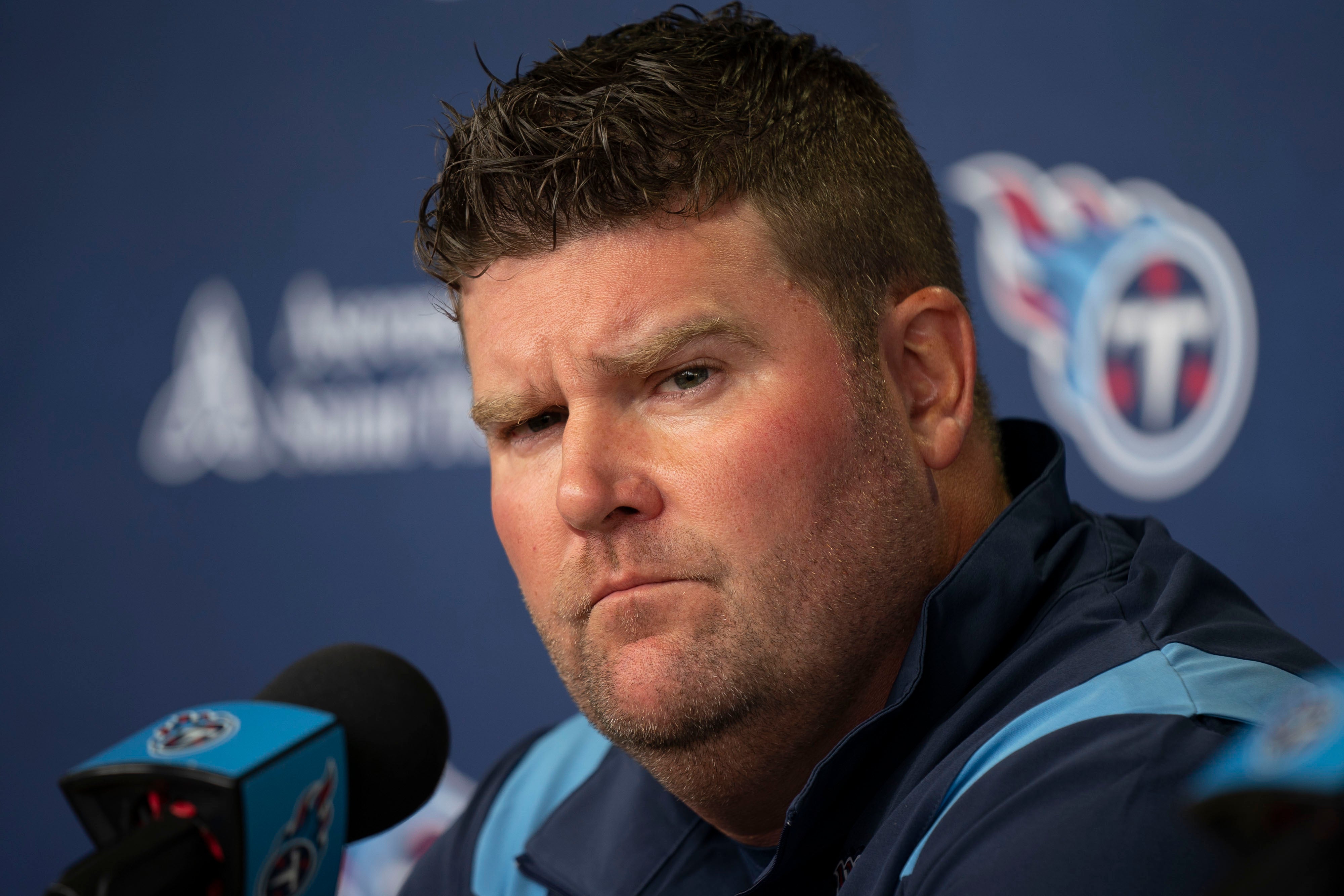 Tennessee Titans general manager Jon Robinson responds to questions from the media about the start of training camp during a press conference at Saint Thomas Sports Park. George Walker IV-Imagn Images