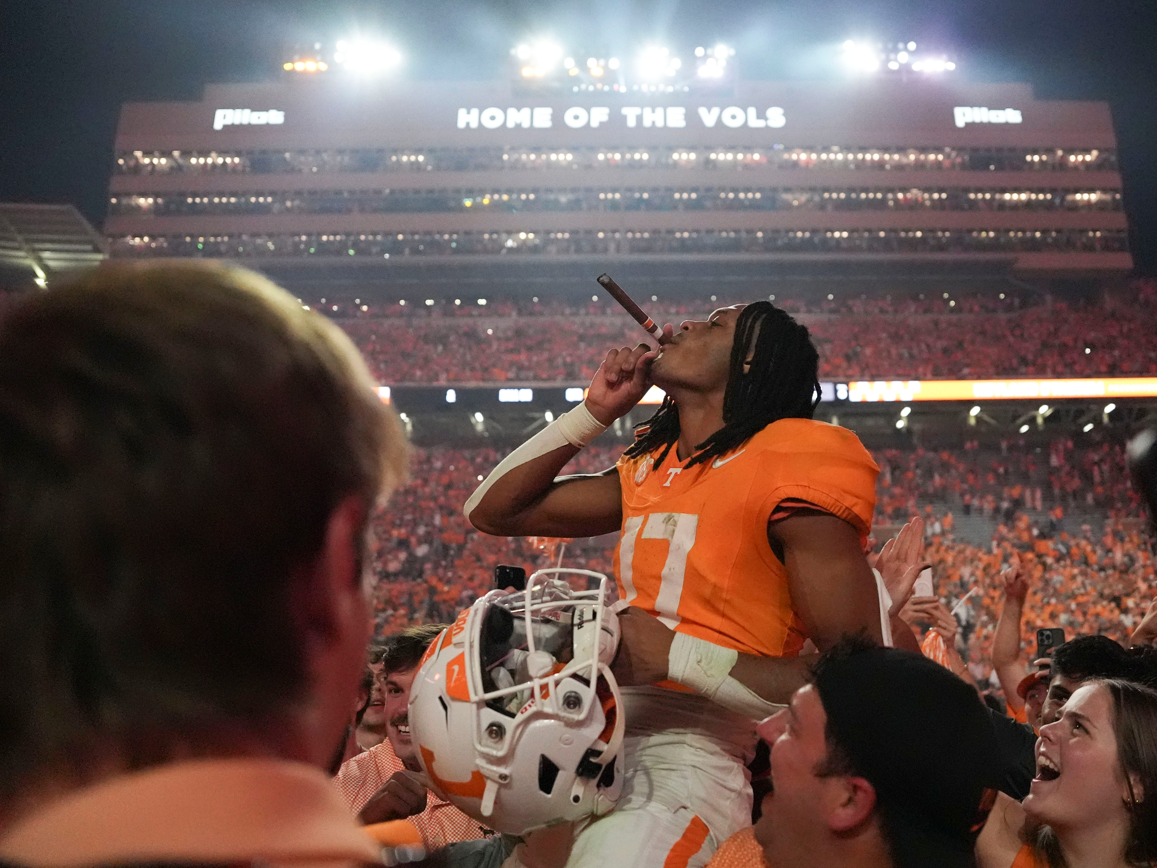 Tennessee wide receiver Chris Brazzell II (17) celebrating the win over Alabama after their NCAA college football game on Saturday, Oct. 19, 2024, in Knoxville. Tenn.