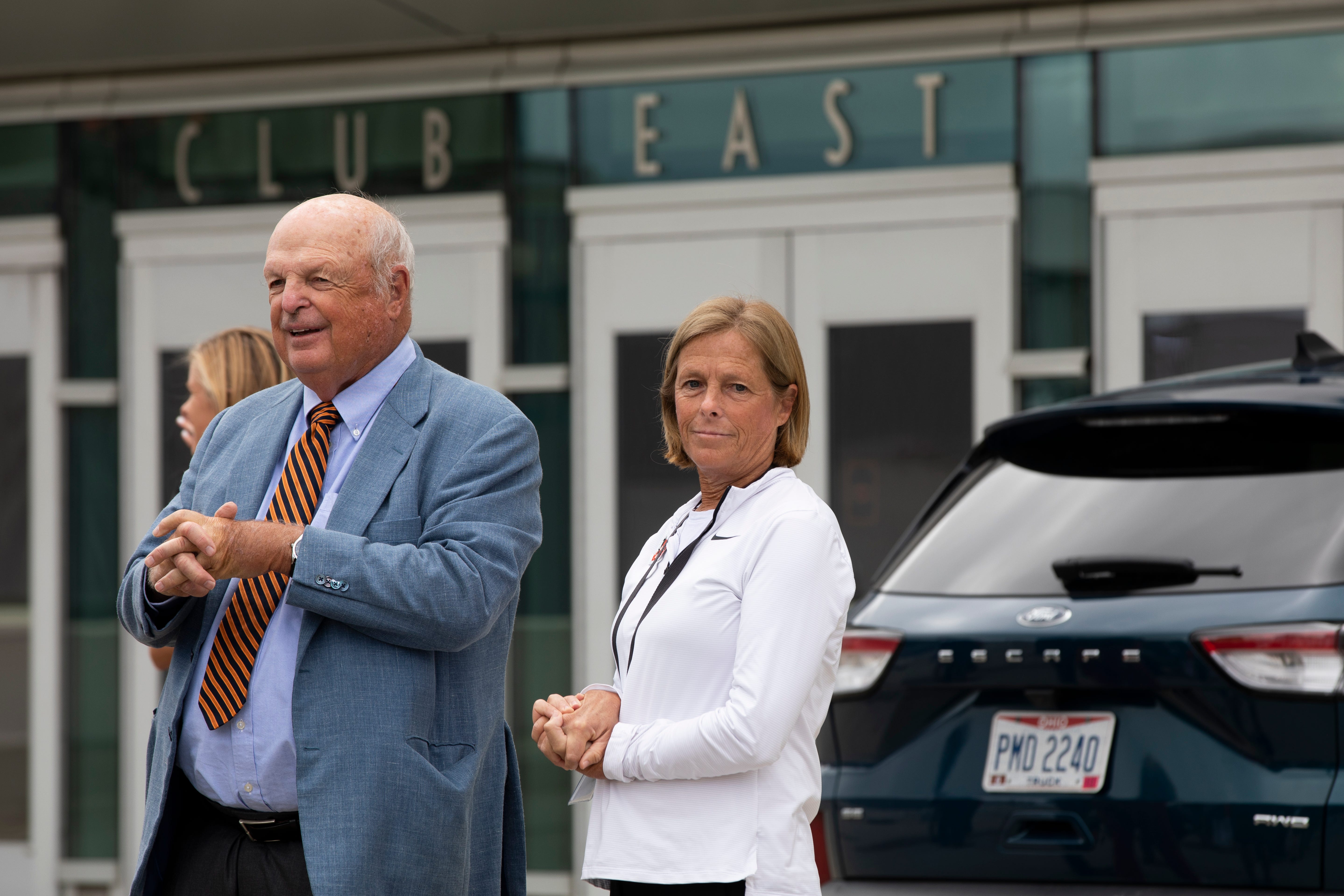 Katie Blackburn, executive vice president of the Bengals, stands with her father and Bengals owner Mike Brown during the Paycor Stadium ribbon-cutting ceremony on Tuesday, Sept. 6, 2022. The Bengals will play their first regular-season home game on Sept. 11 against the Pittsburgh Steelers. Paycor Stadium Ribbon Cutting Ceremony Sept 6 2022