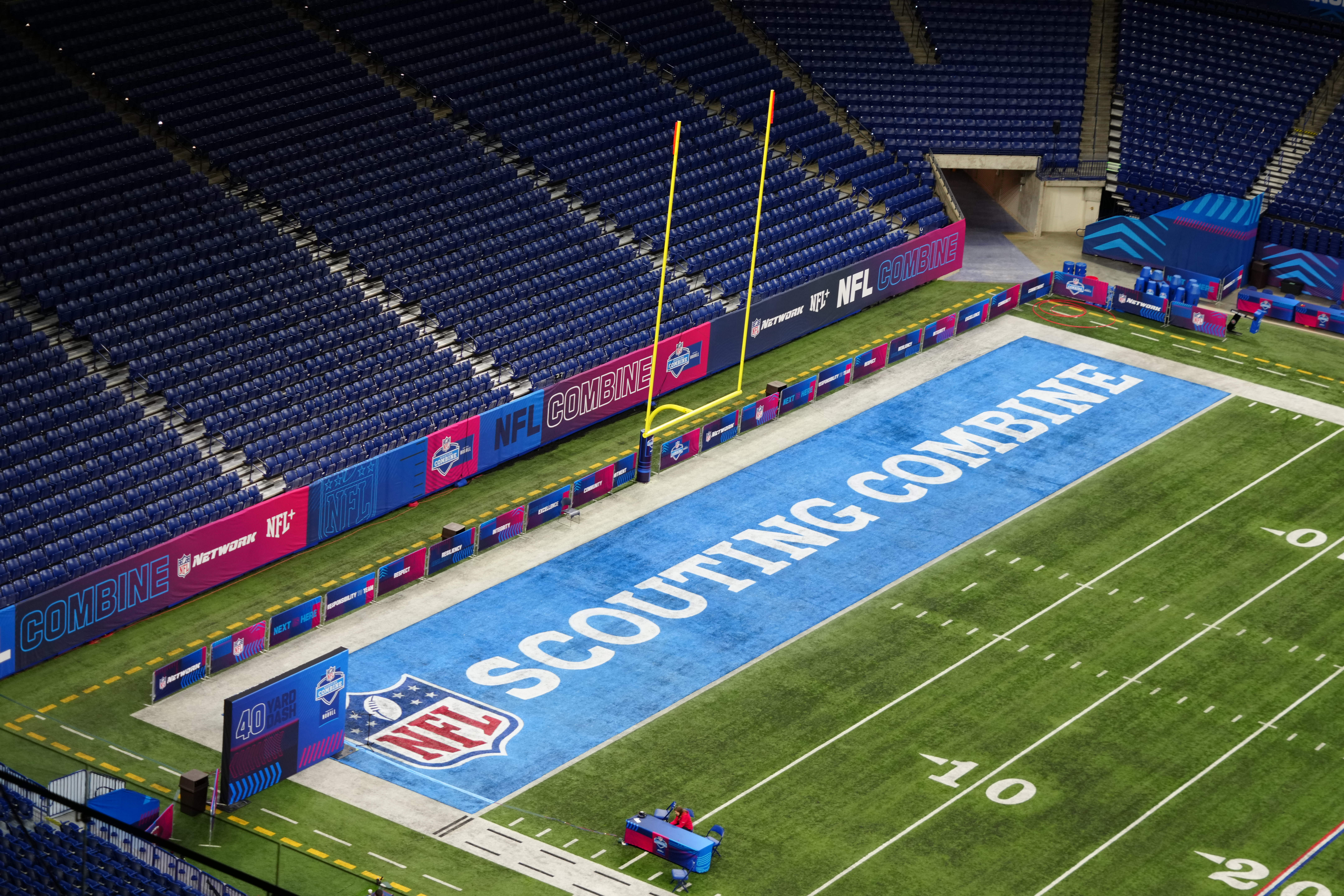 Feb 28, 2024; Indianapolis, IN, USA; The 2024 NFL Scouting Combine logo in the end zone at Lucas Oil Stadium.
