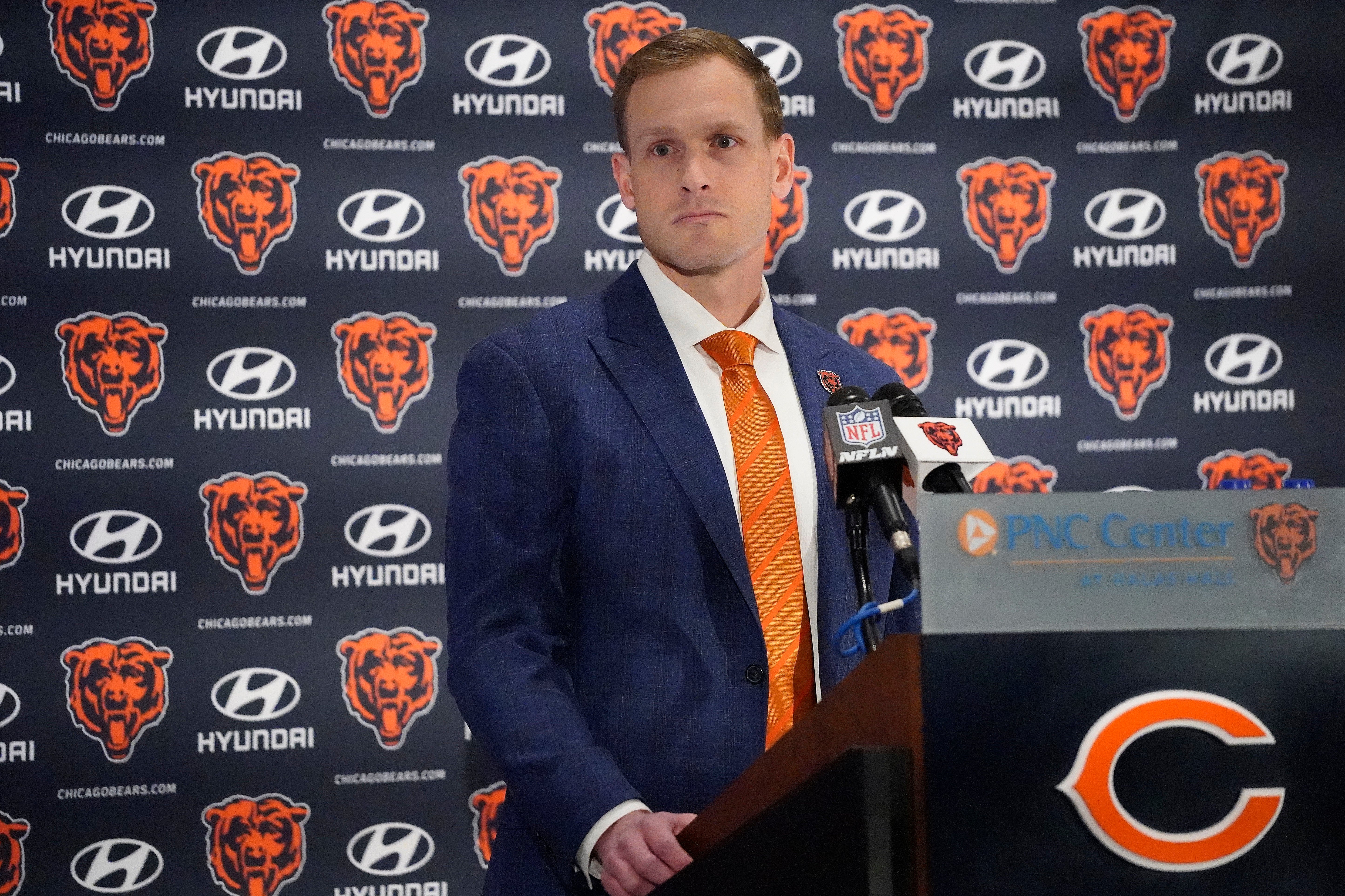 Jan 22, 2025; Lake Forest, IL, USA; Chicago Bears head coach Ben Johnson answers questions during an introductory press conference at PNC Center.