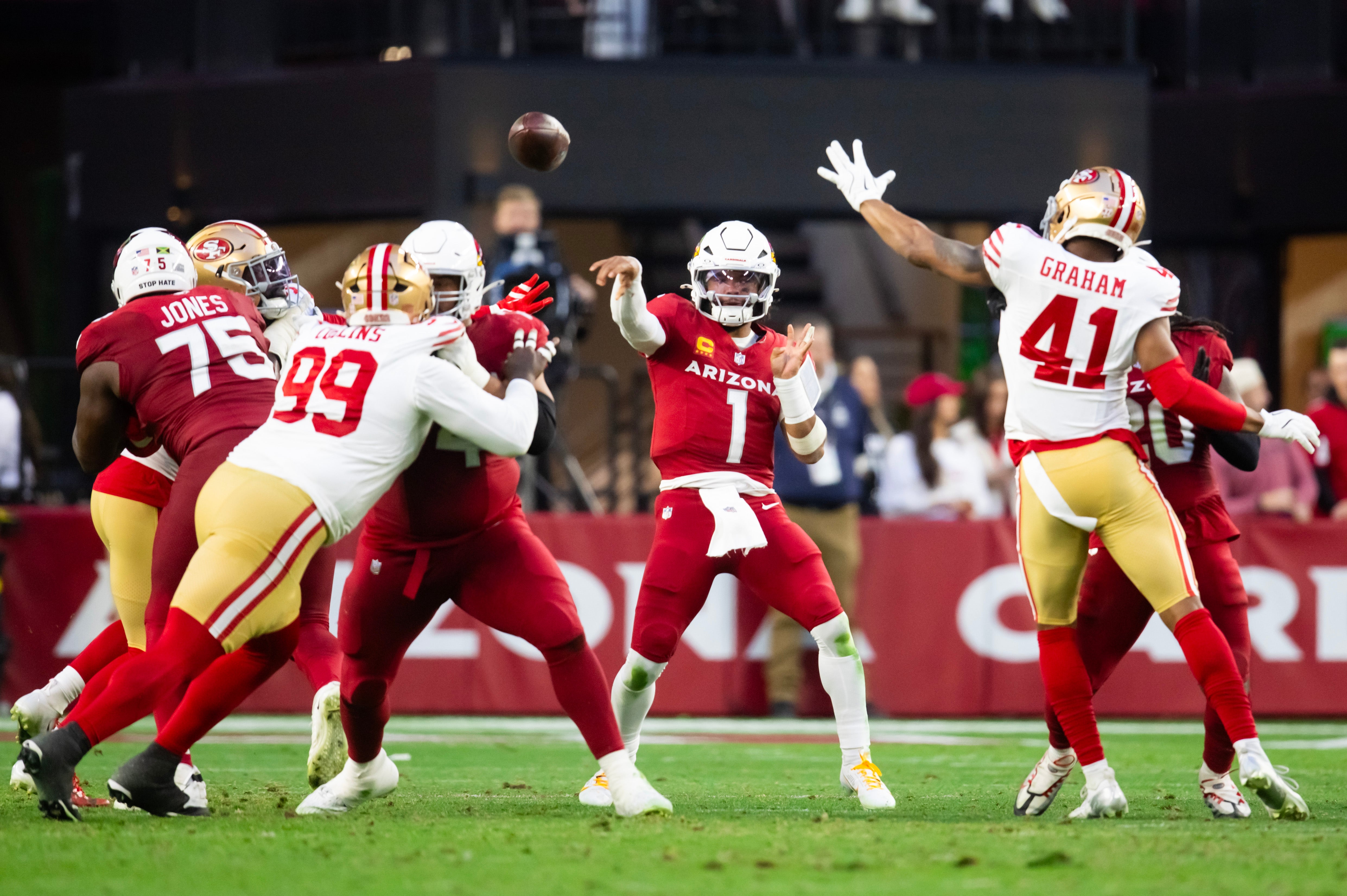 Jan 5, 2025; Glendale, Arizona, USA; Arizona Cardinals quarterback Kyler Murray (1) against the San Francisco 49ers at State Farm Stadium.