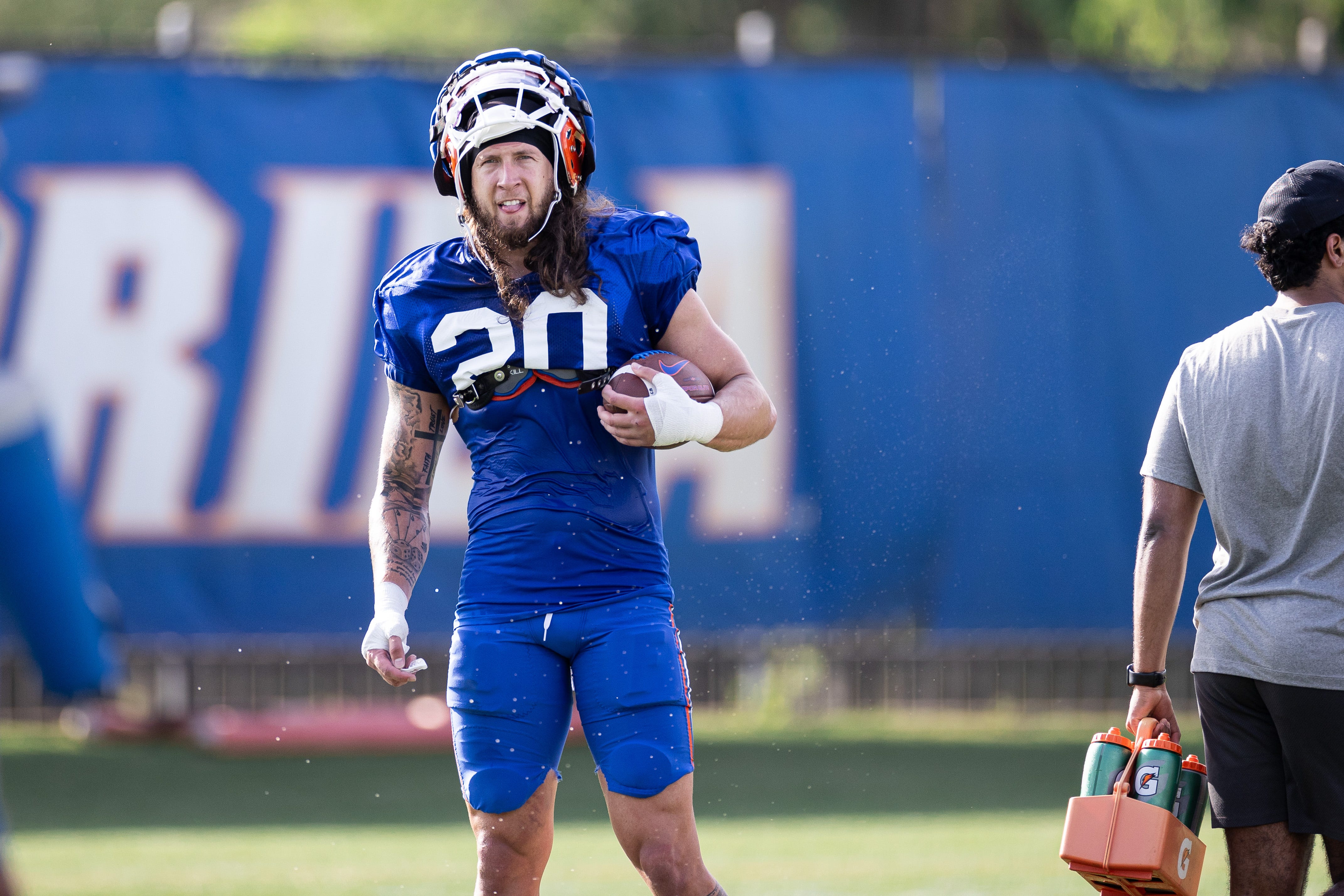 Florida Gators defensive back Asa Turner (20) looks on during spring football practice at Heavener Football Complex at the University of Florida in Gainesville, FL on Tuesday, April 2, 2024.