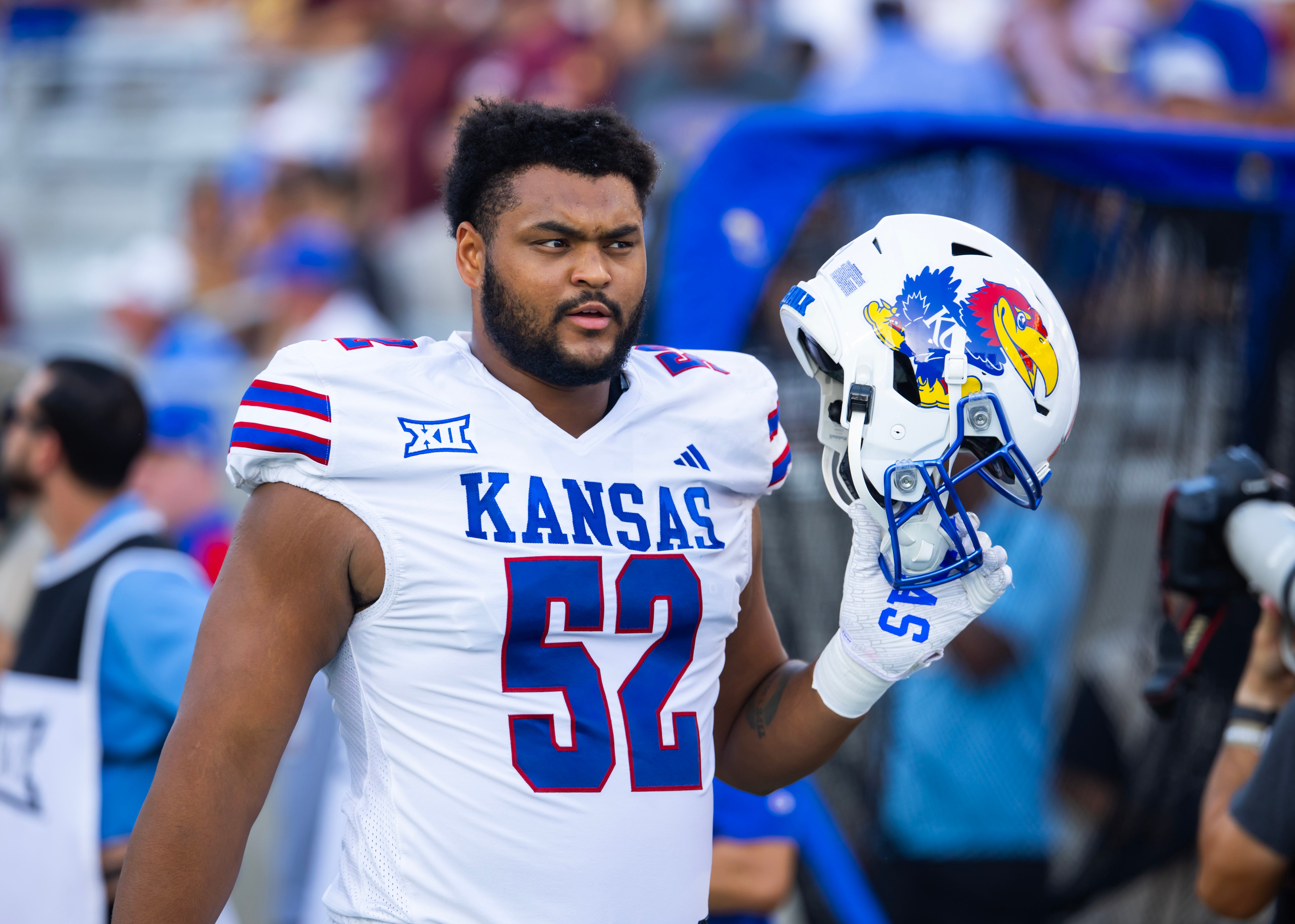 Oct 5, 2024; Tempe, Arizona, USA; Kansas Jayhawks offensive lineman Logan Brown (52) against the Arizona State Sun Devils at Mountain America Stadium.