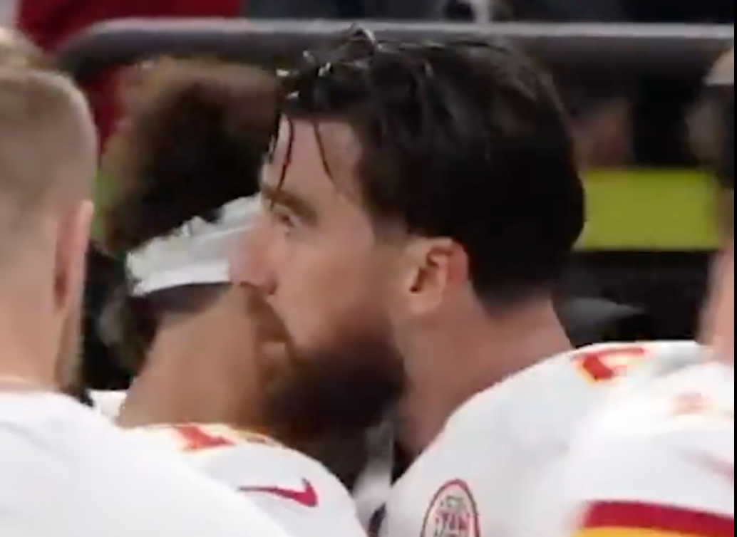 Travis Kelce and Patrick Mahomes embrace on the sidelines after Super Bowl LIX