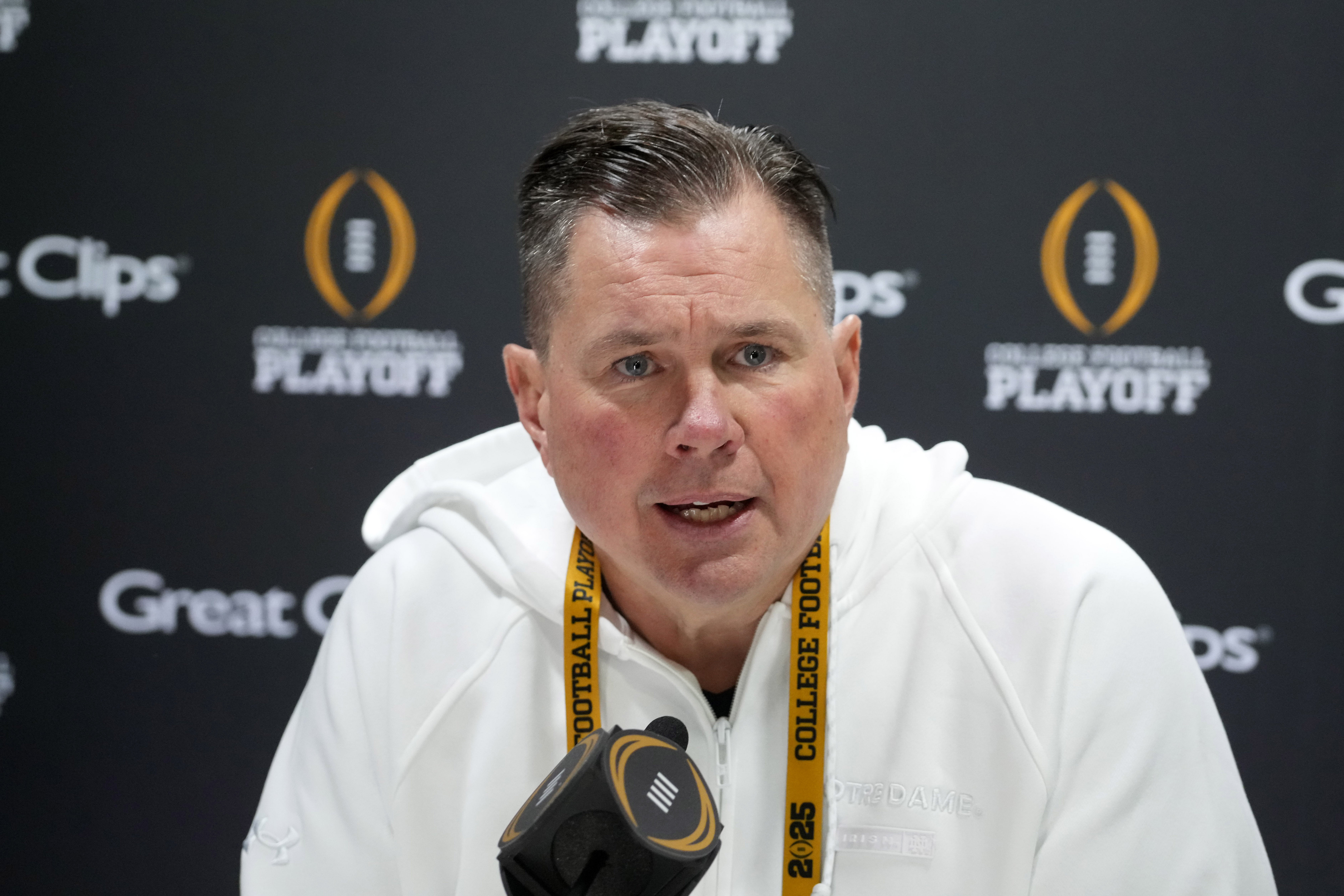 Jan 18, 2025; Atlanta, GA, USA; Notre Dame Fighting Irish defensive coordinator Al Golden during 2025 CFP National Championship Media Day at Georgia World Congress Center, Building A.
