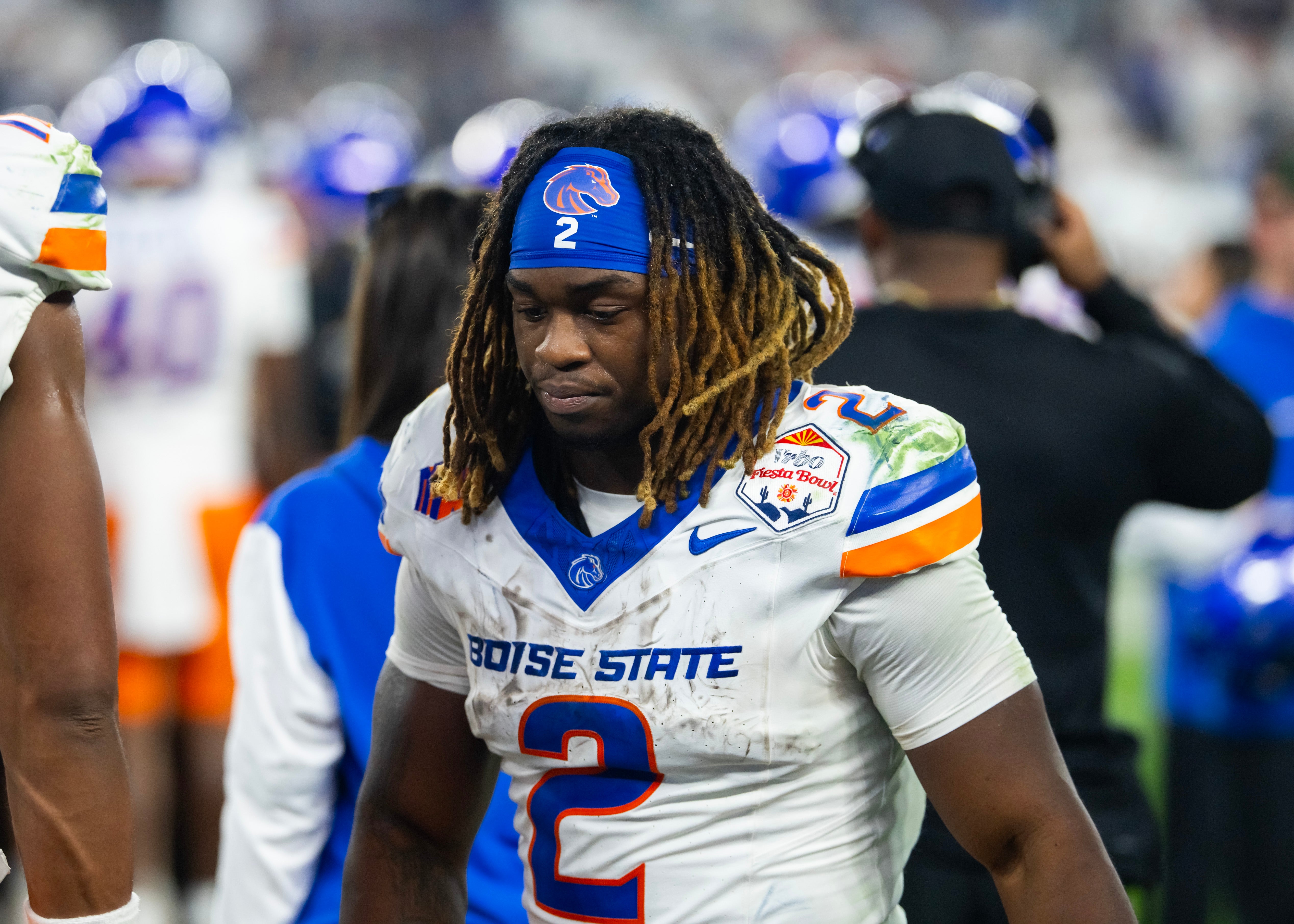 Boise State Broncos running back Ashton Jeanty (2) reacts against the Penn State Nittany Lions during the Fiesta Bowl at State Farm Stadium.