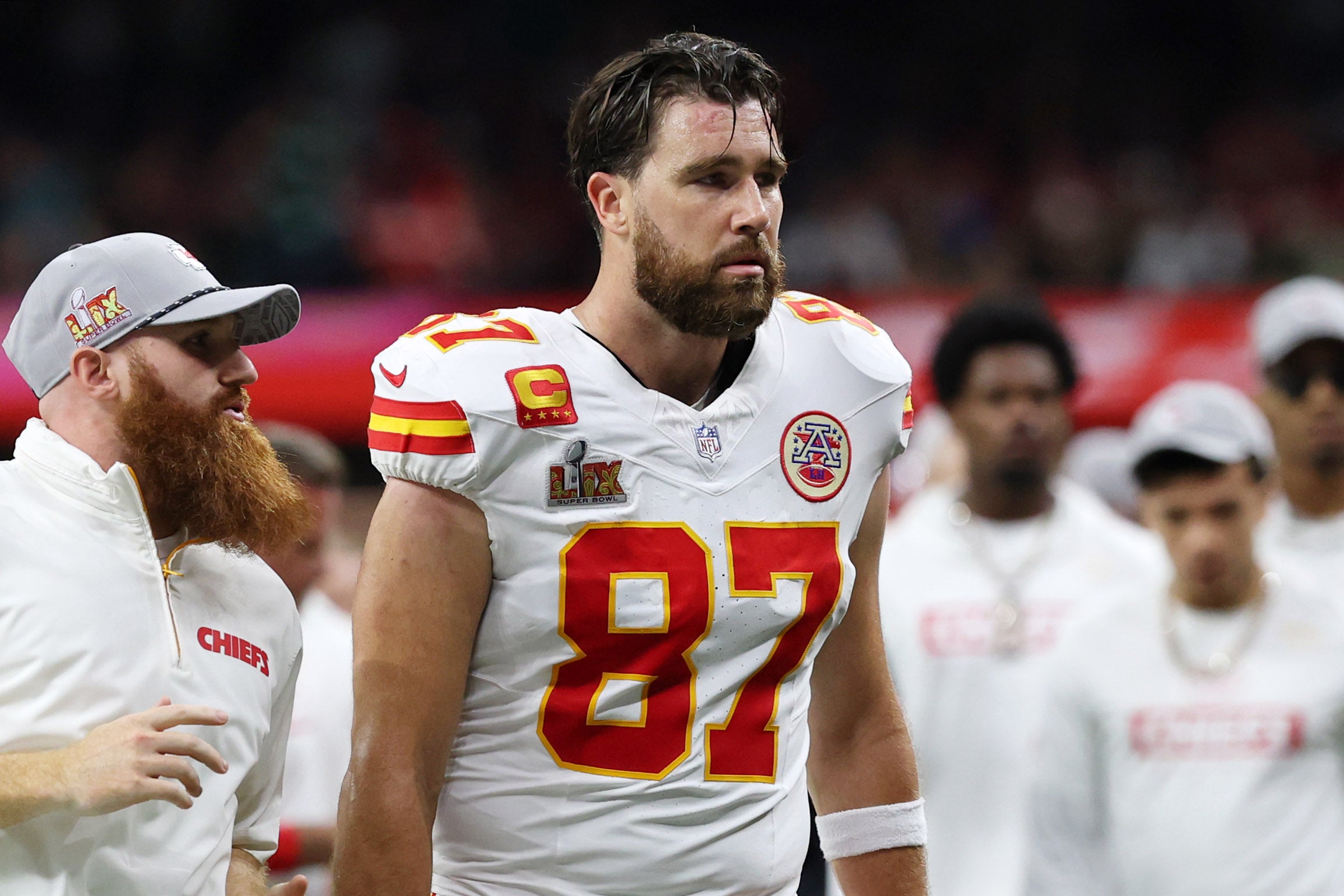 Feb 9, 2025; New Orleans, LA, USA; Kansas City Chiefs tight end Travis Kelce (87) walks off the field at the end of the first half of Super Bowl LIX at Caesars Superdome.
