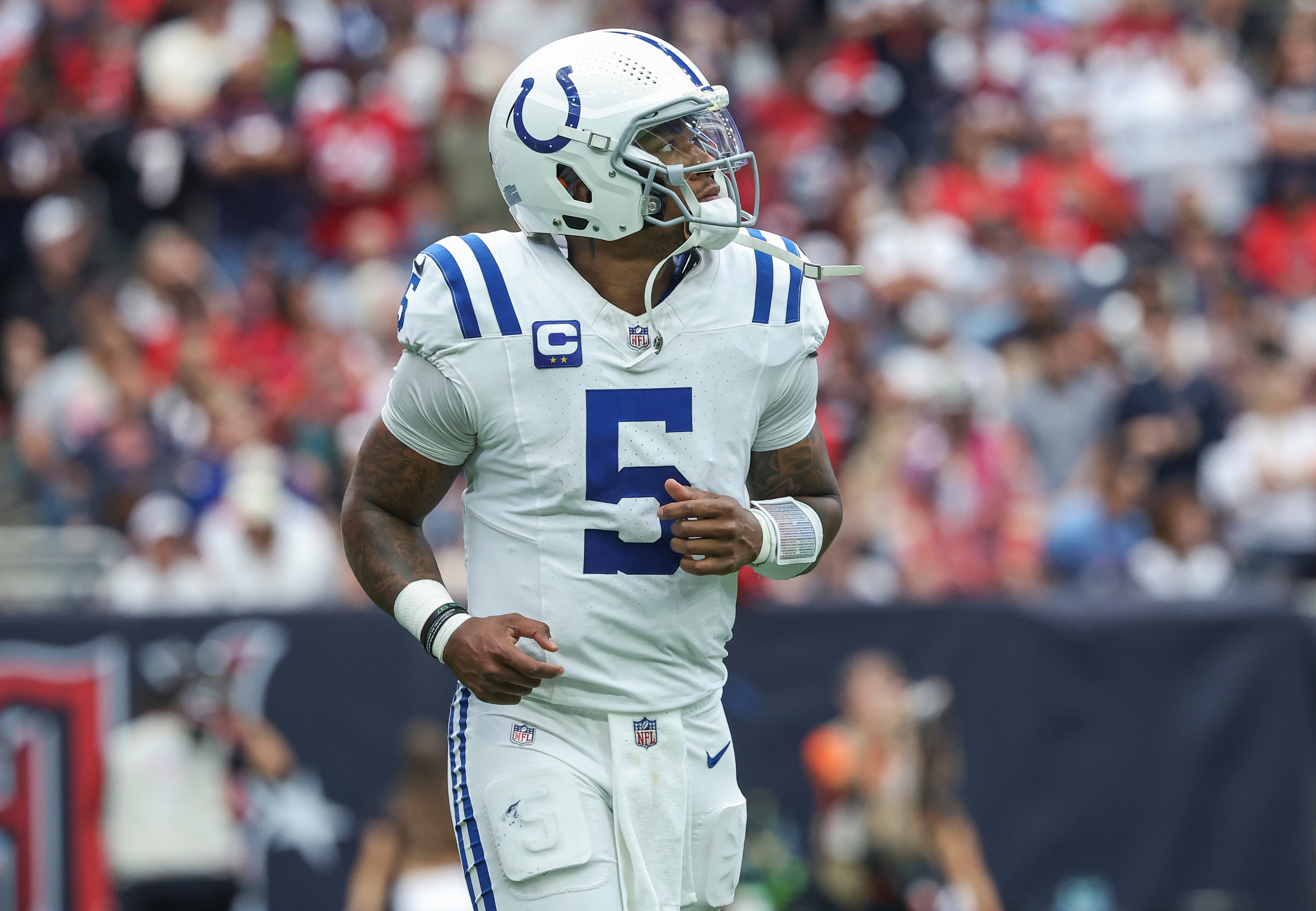 Oct 27, 2024; Houston, Texas, USA; Indianapolis Colts quarterback Anthony Richardson (5) jogs off the field after a play during the second quarter against the Houston Texans at NRG Stadium.