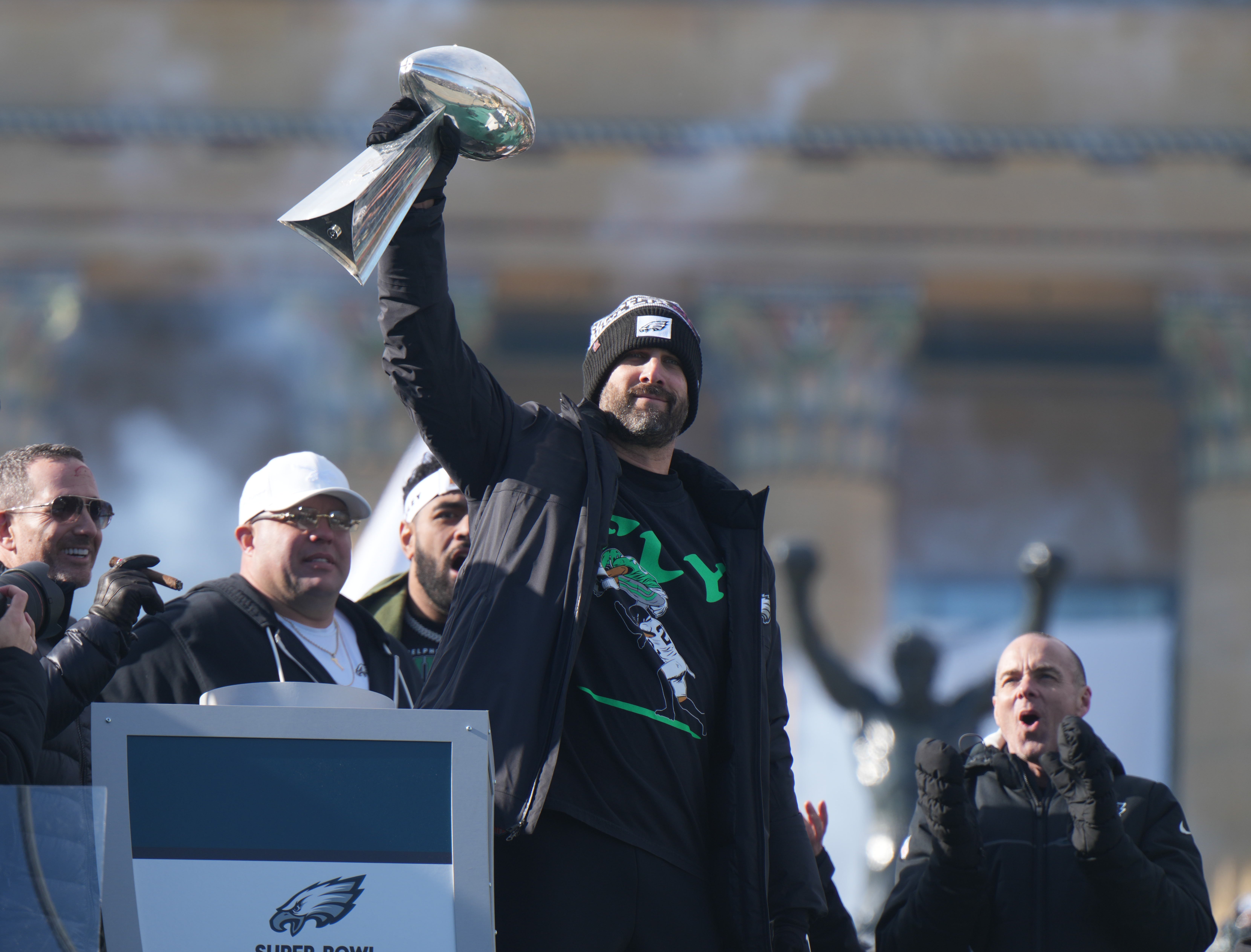 Feb 14, 2025; Philadelphia, PA, USA; Philadelphia Eagles head coach Nick Sirianni raises the Vince Lombardi Trophy during the Super Bowl LIX championship parade and rally.