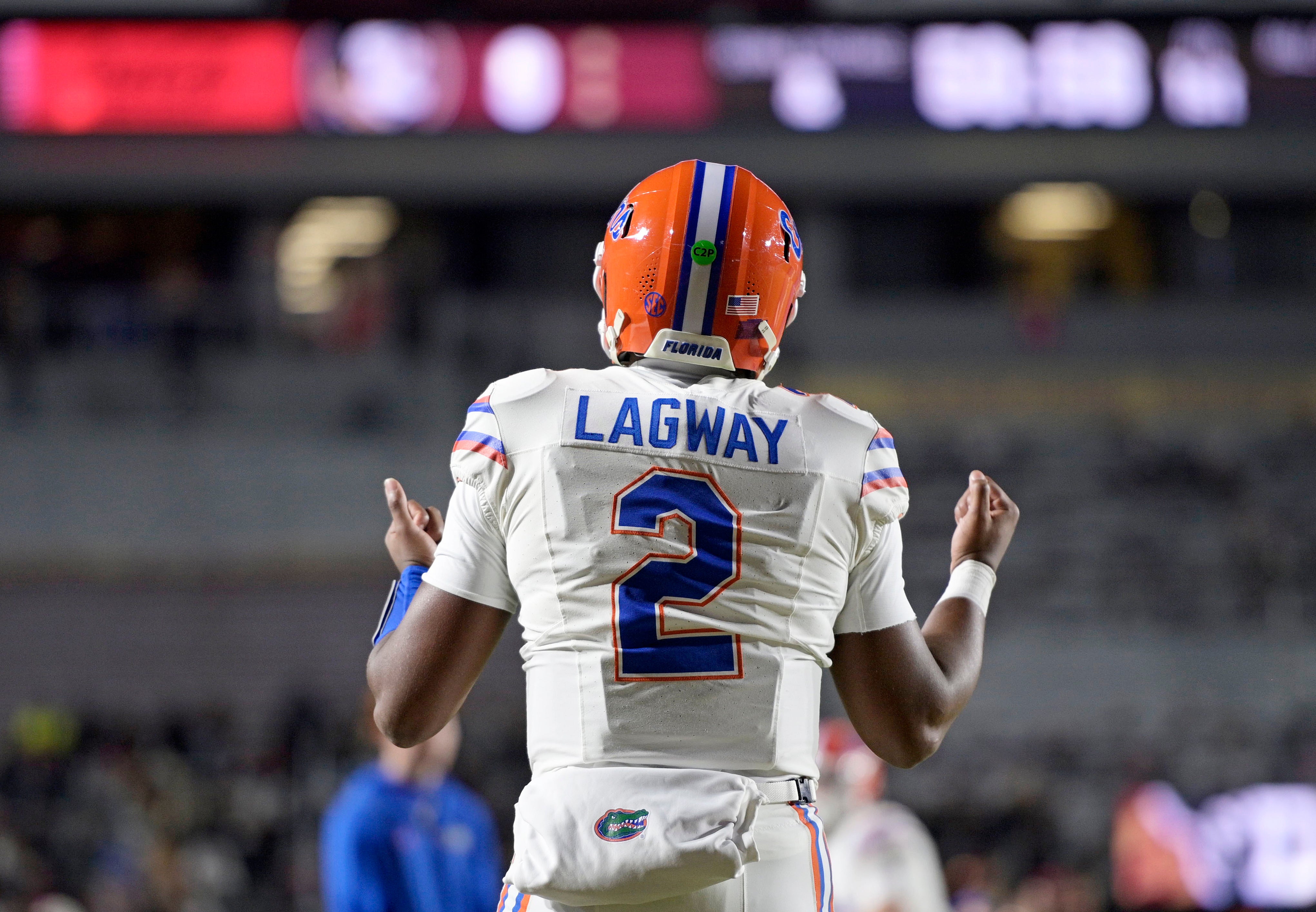 Nov 30, 2024; Tallahassee, Florida, USA; Florida Gators quarterback DJ Lagway (2) warms up before a game against the Florida State Seminoles at Doak S. Campbell Stadium.