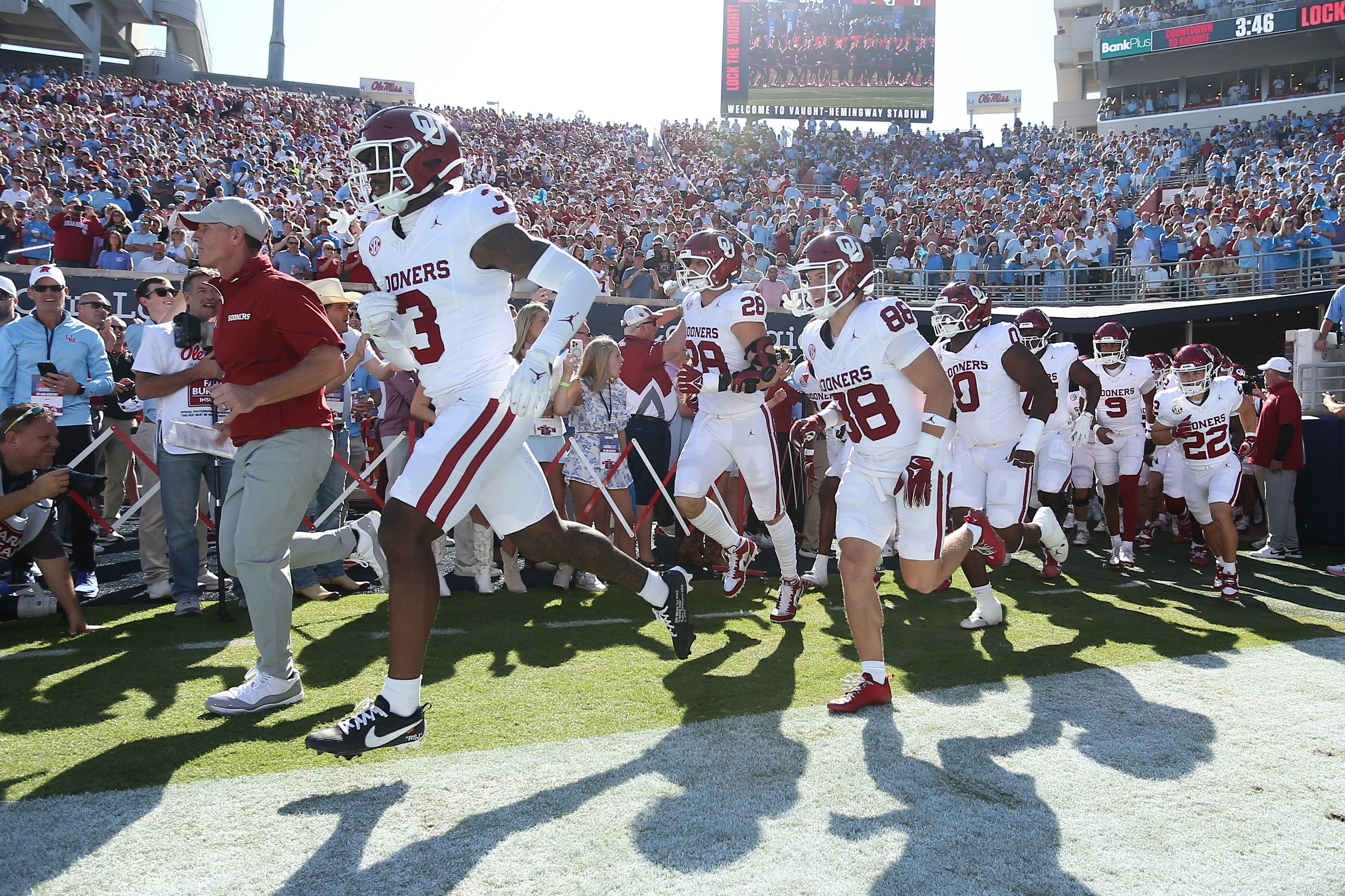 Oct 26, 2024; Oxford, Mississippi, USA; Oklahoma Sooners head coach Brent Venables leads his team onto the field prior to the game against the Mississippi Rebels at Vaught-Hemingway Stadium.