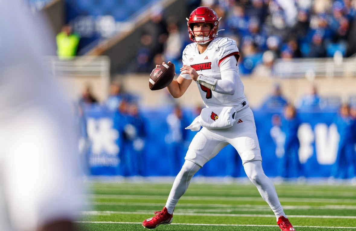 Louisville Cardinals quarterback Tyler Shough (9) looks to pass the ball during the first quarter against the Kentucky Wildcats at Kroger Field.