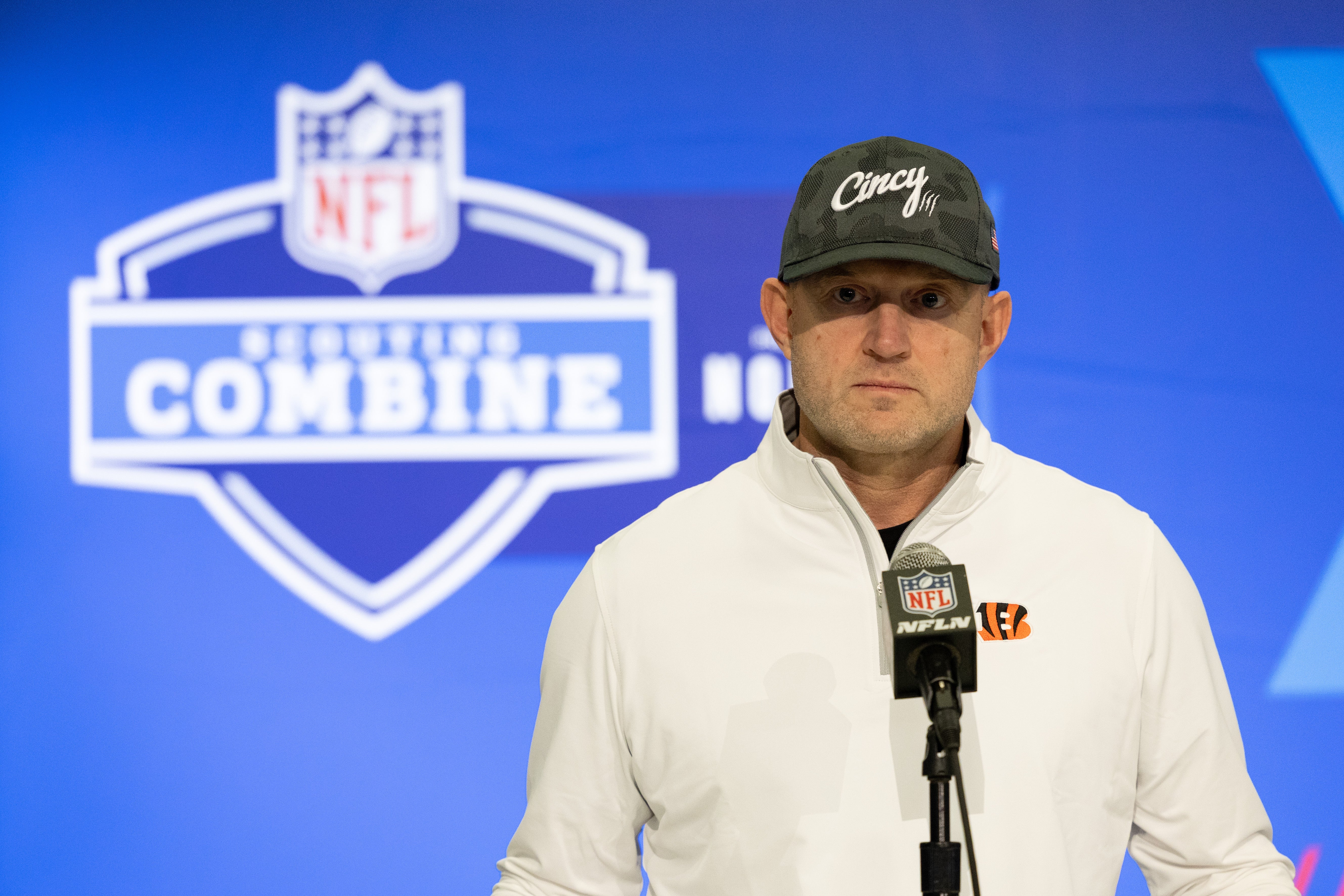 Feb 27, 2024; Indianapolis, IN, USA; Cincinnati Bengals director of player personnel Duke Tobin talks to the media at the 2024 NFL Combine at Indiana Convention Center.