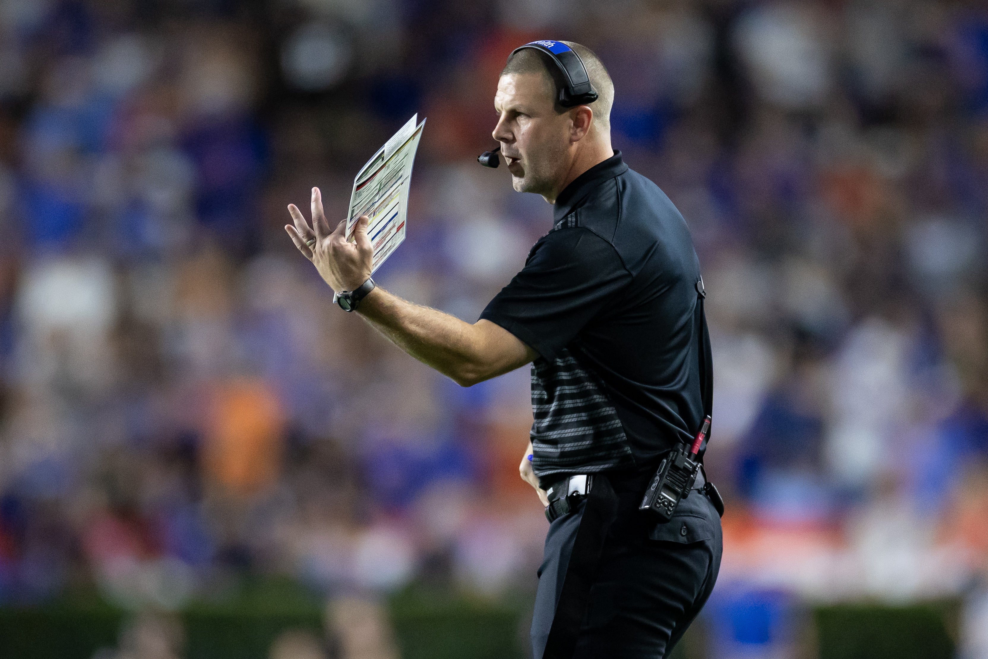 Oct 5, 2024; Gainesville, Florida, USA; Florida Gators head coach Billy Napier gestures against the UCF Knights during the first half at Ben Hill Griffin Stadium.