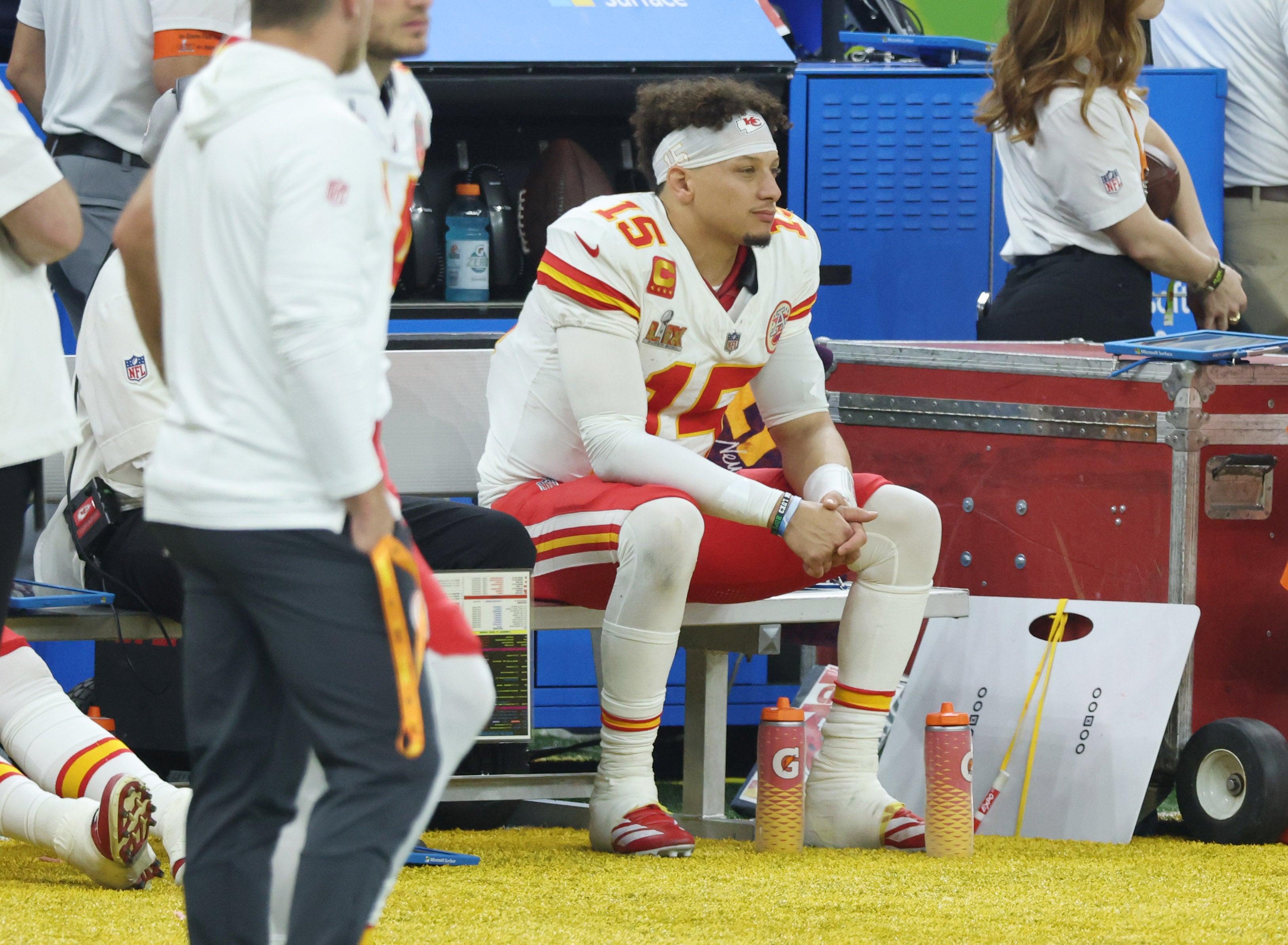 Feb 9, 2025; New Orleans, LA, USA; Kansas City Chiefs quarterback Patrick Mahomes (15) reacts from the sideline in the second half against the Philadelphia Eagles in Super Bowl LIX at Ceasars Superdome.