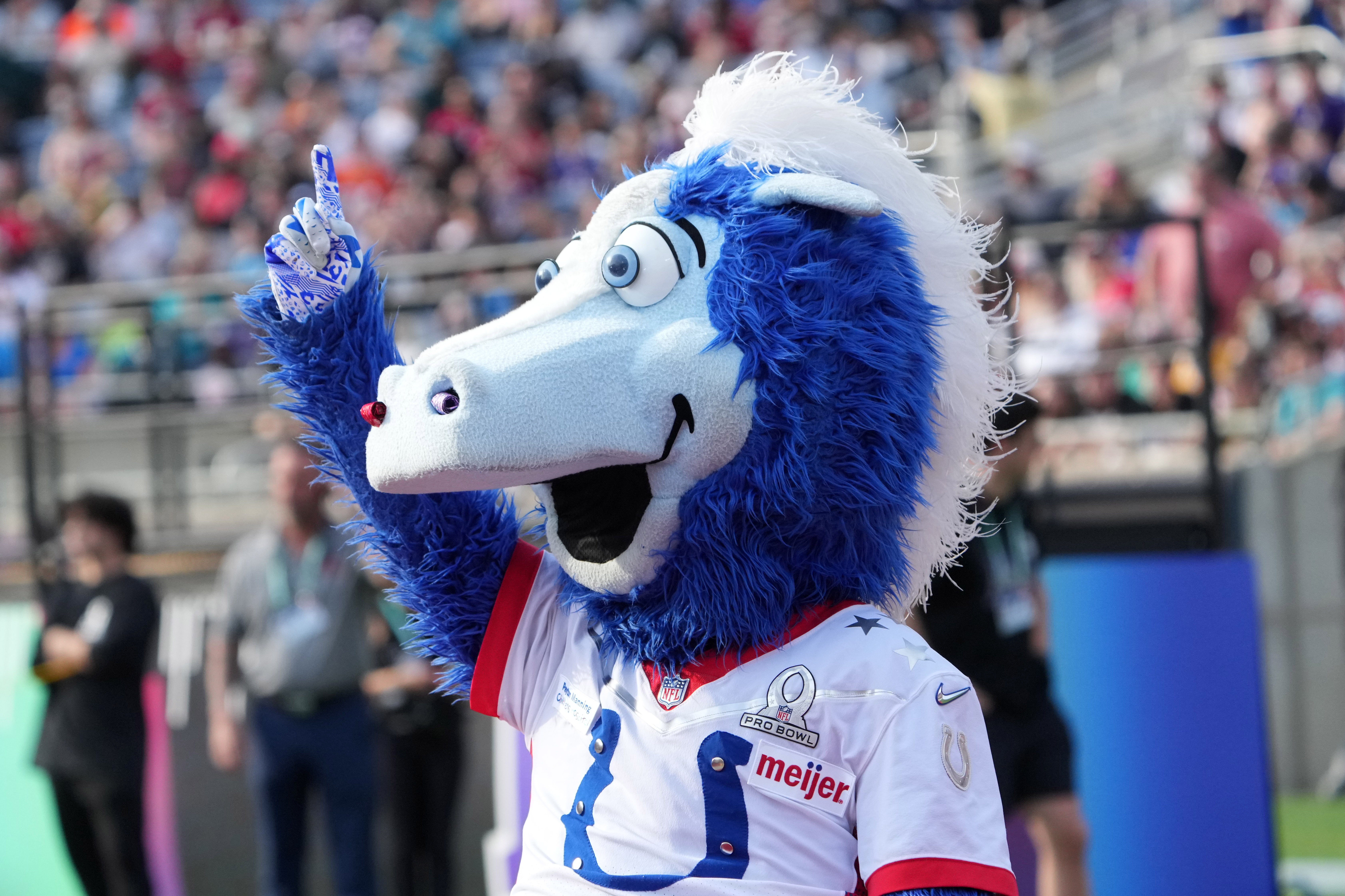 Feb 2, 2025; Orlando, FL, USA; Indianapolis Colts mascot Blue during the 2025 Pro Bowl Games at Camping World Stadium.