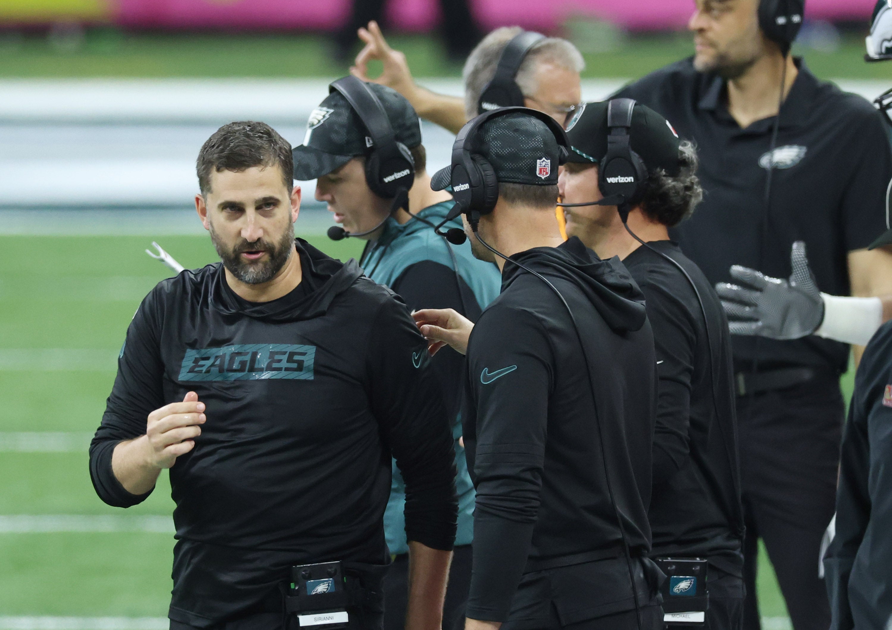 Philadelphia Eagles head coach Nick Sirianni reacts in the fourth quarter against the Kansas City Chiefs in Super Bowl LIX at Ceasars Superdome.