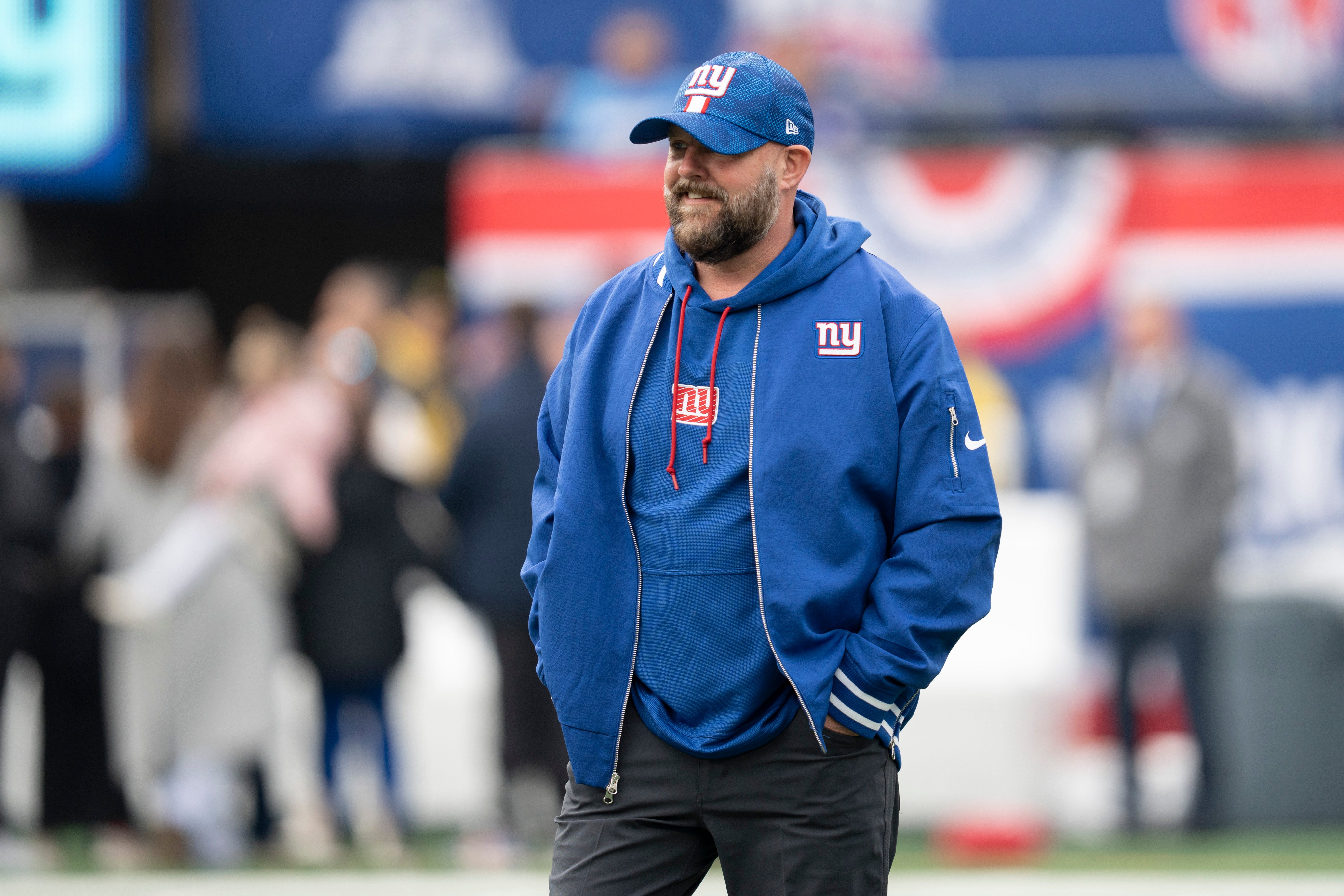 New York Giants head coach Brian Daboll stands on the field during warmups before a game between New York Giants and Indianapolis Colts at MetLife Stadium on Sunday, Dec. 29, 2024.