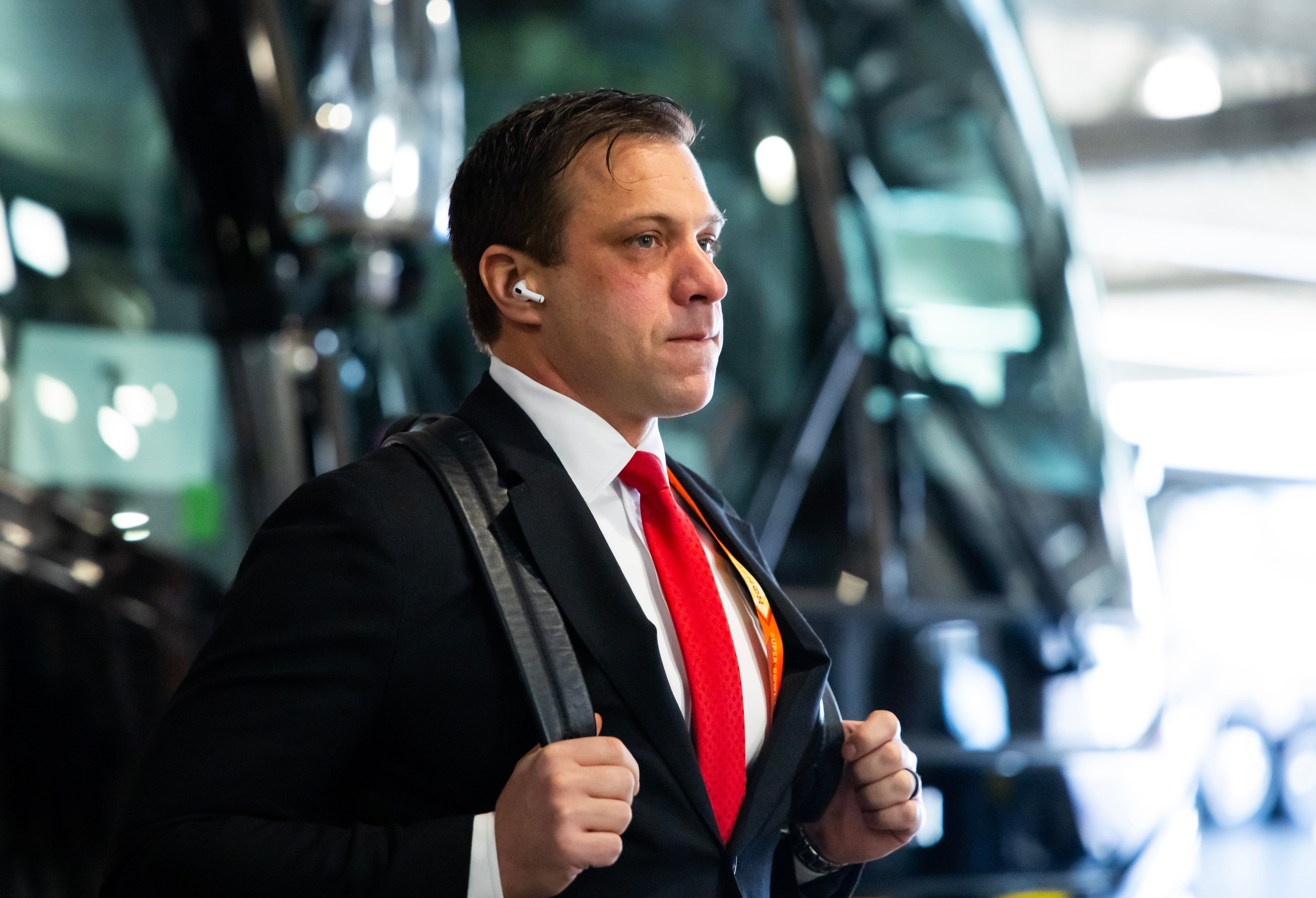 Feb 11, 2024; Paradise, Nevada, USA; Kansas City Chiefs general manager Brett Veach arrives before Super Bowl LVIII against the San Francisco 49ers at Allegiant Stadium.