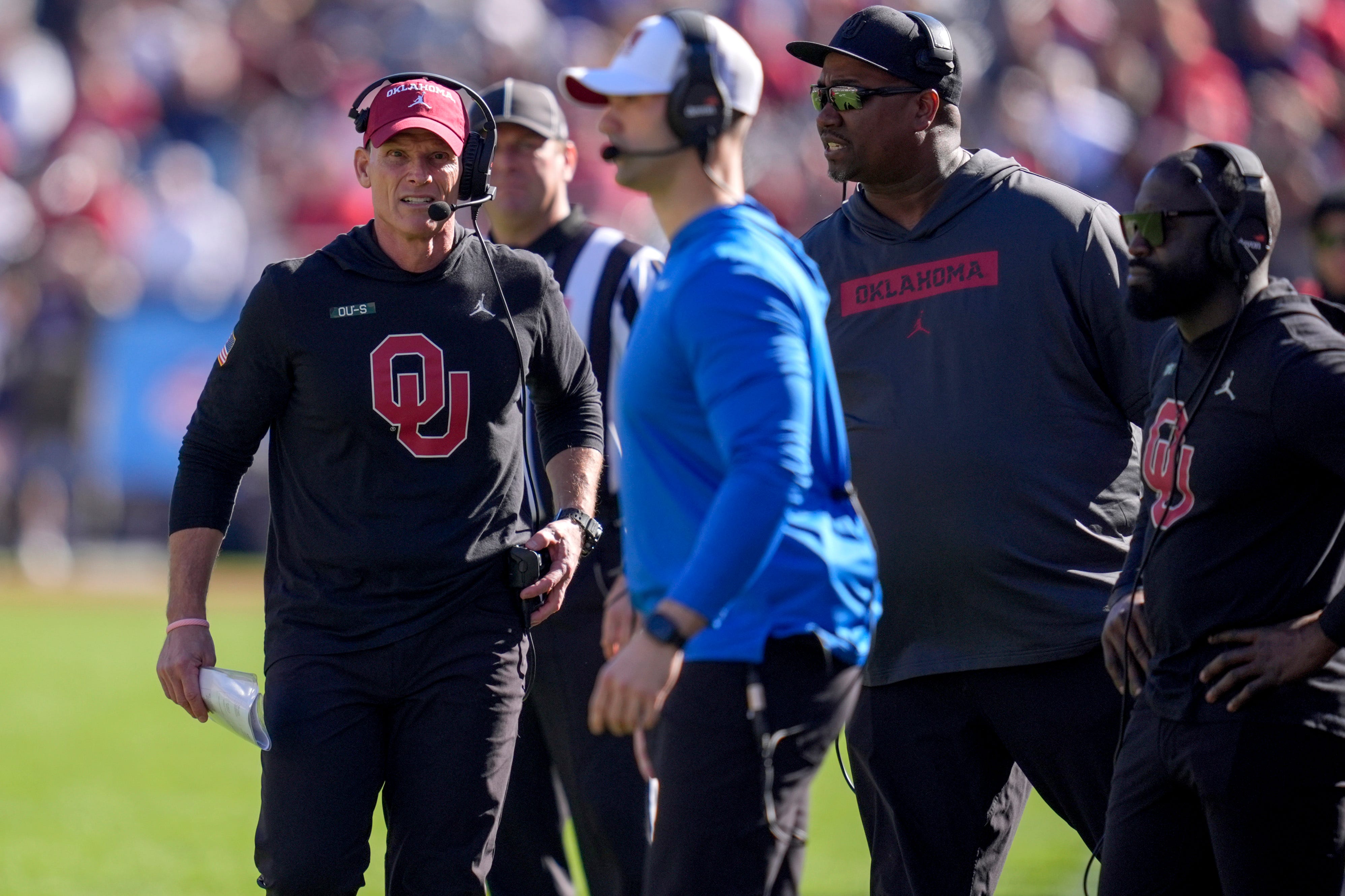 Oklahoma coach Brent Venables during the Armed Forces Bowl football game between the University of Oklahoma Sooners (OU) and the Navy Midshipmen at Amon G. Carter Stadium in Fort Worth, Texas, Friday, Dec. 27, 2024. Navy won 21-20.
