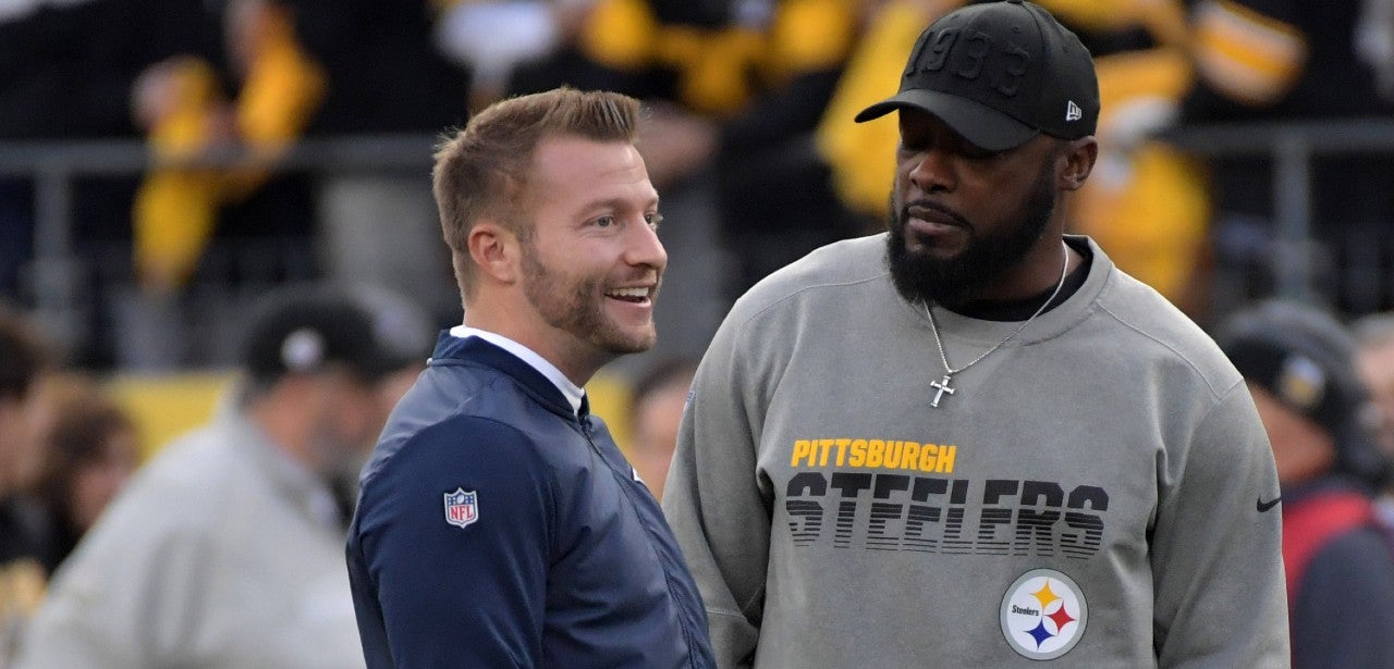 Nov 10, 2019; Pittsburgh, PA, USA; Los Angeles Rams head coach Sean McVay (left) talks with Pittsburgh Steelers head coach Mike Tomlin before the game at Heinz Field.
