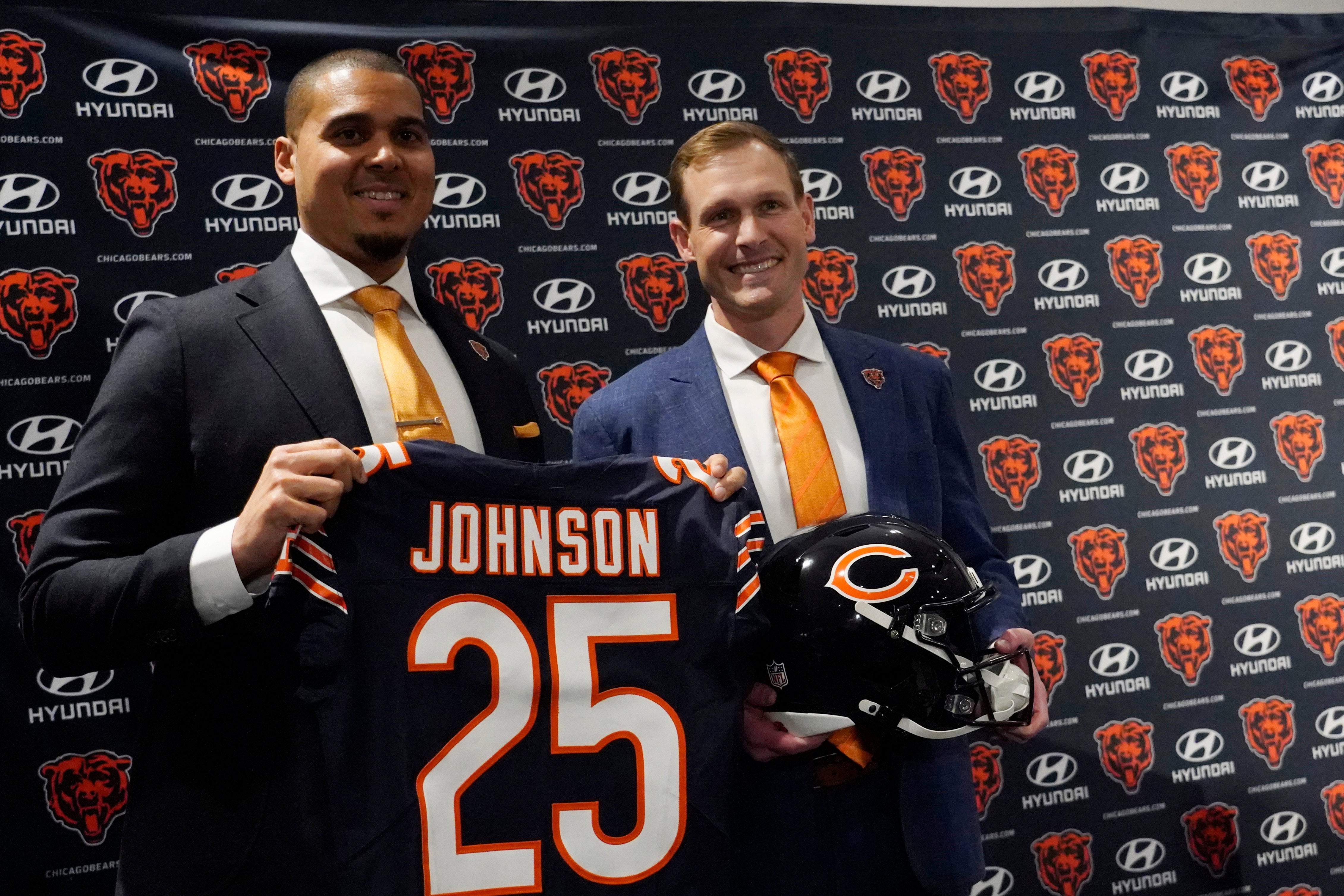 Jan 22, 2025; Lake Forest, IL, USA; Chicago Bears new head coach Ben Johnson (right) with general manager Ryan Poles pose for photos after a press conference introducing him at PNC Center.