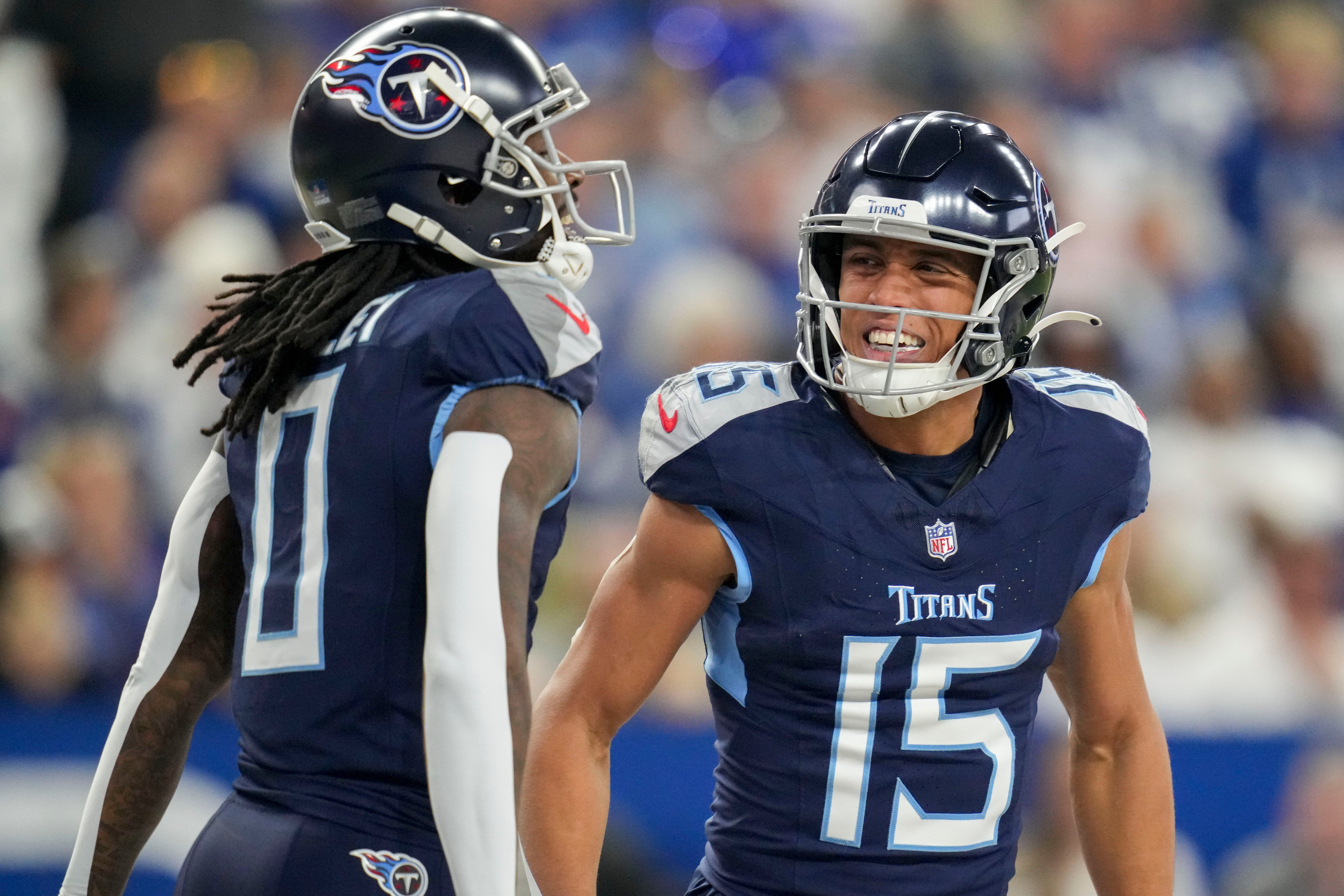 Tennessee Titans wide receiver Calvin Ridley (0) celebrates with Tennessee Titans wide receiver Nick Westbrook-Ikhine (15) after scoring a touchdown during a game against the Indianapolis Colts at Luc... Christine Tannous-USA Today Network via Imagn Images